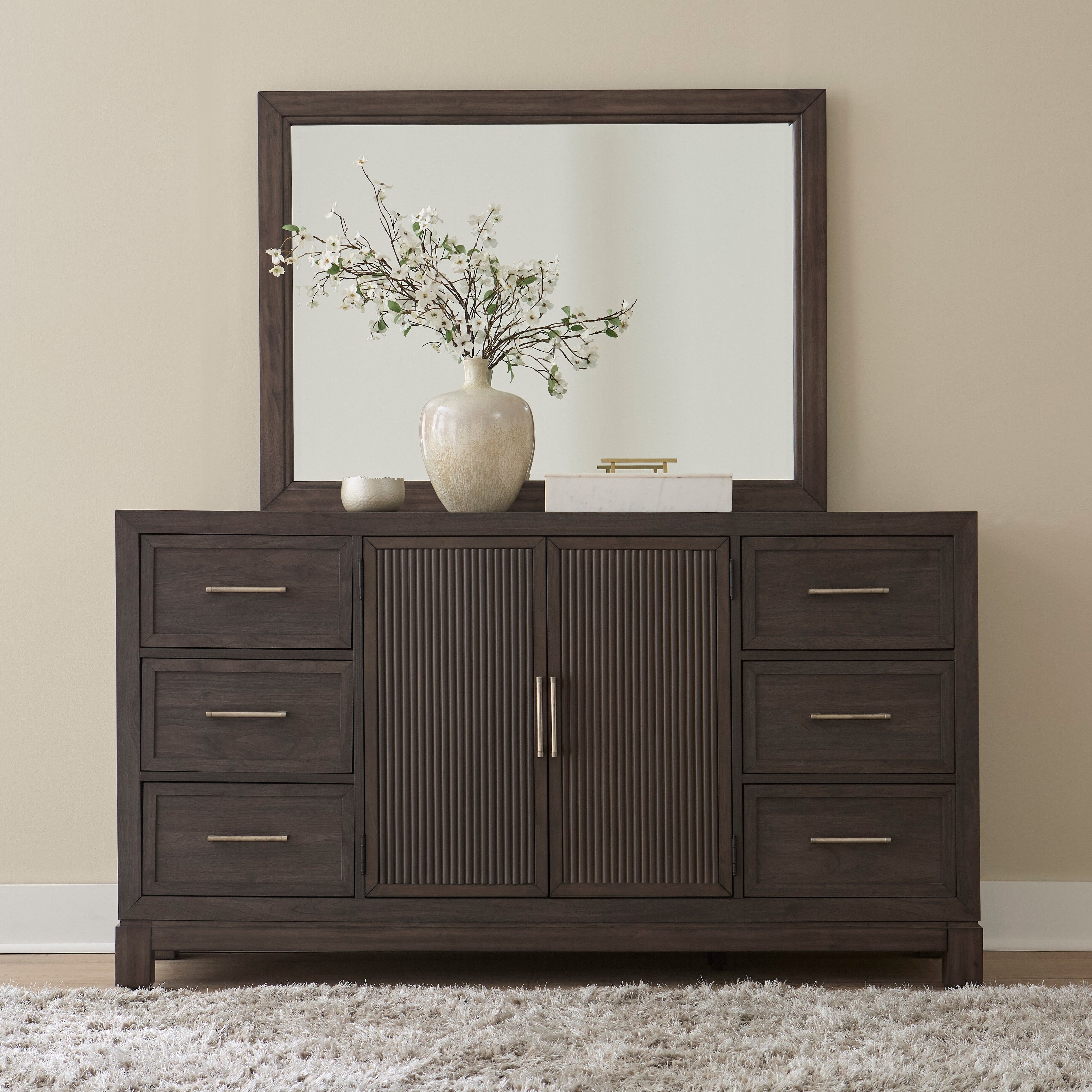 Cafe Brown Queen 4-Piece Bedroom Set with Gray Upholstered Headboard, view 4