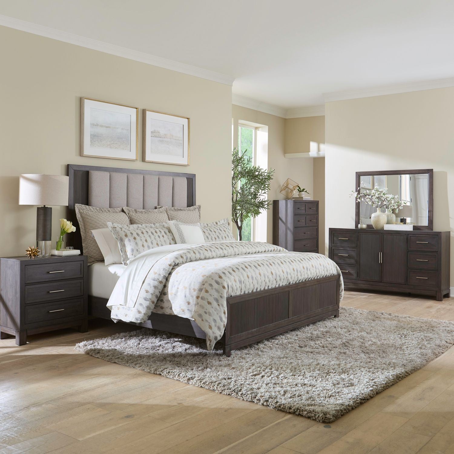 Cafe Brown Queen 4-Piece Bedroom Set with Gray Upholstered Headboard