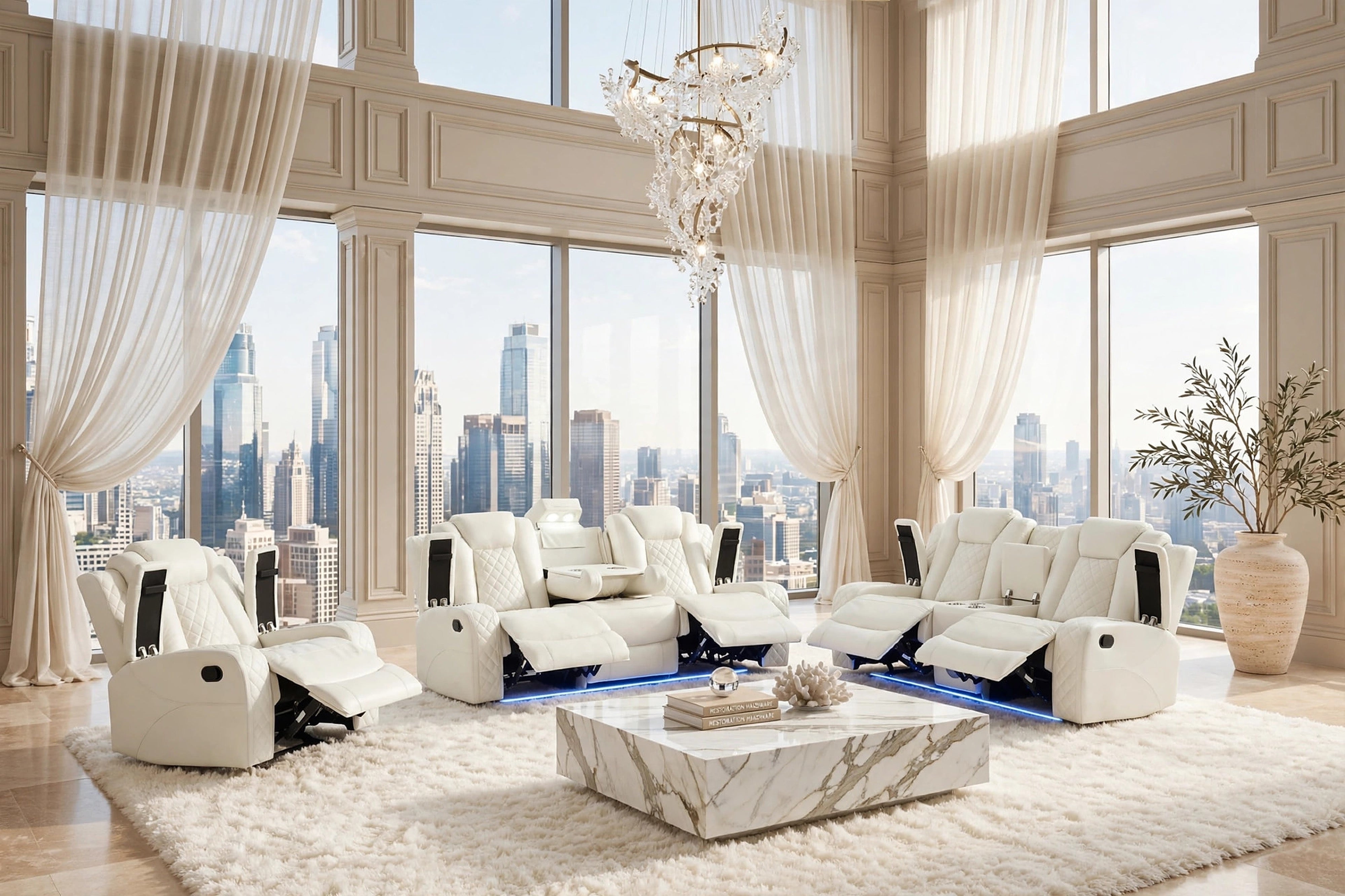 Luz Off-White Leather-Gel 3-Piece Reclining Set with Bluetooth Speaker