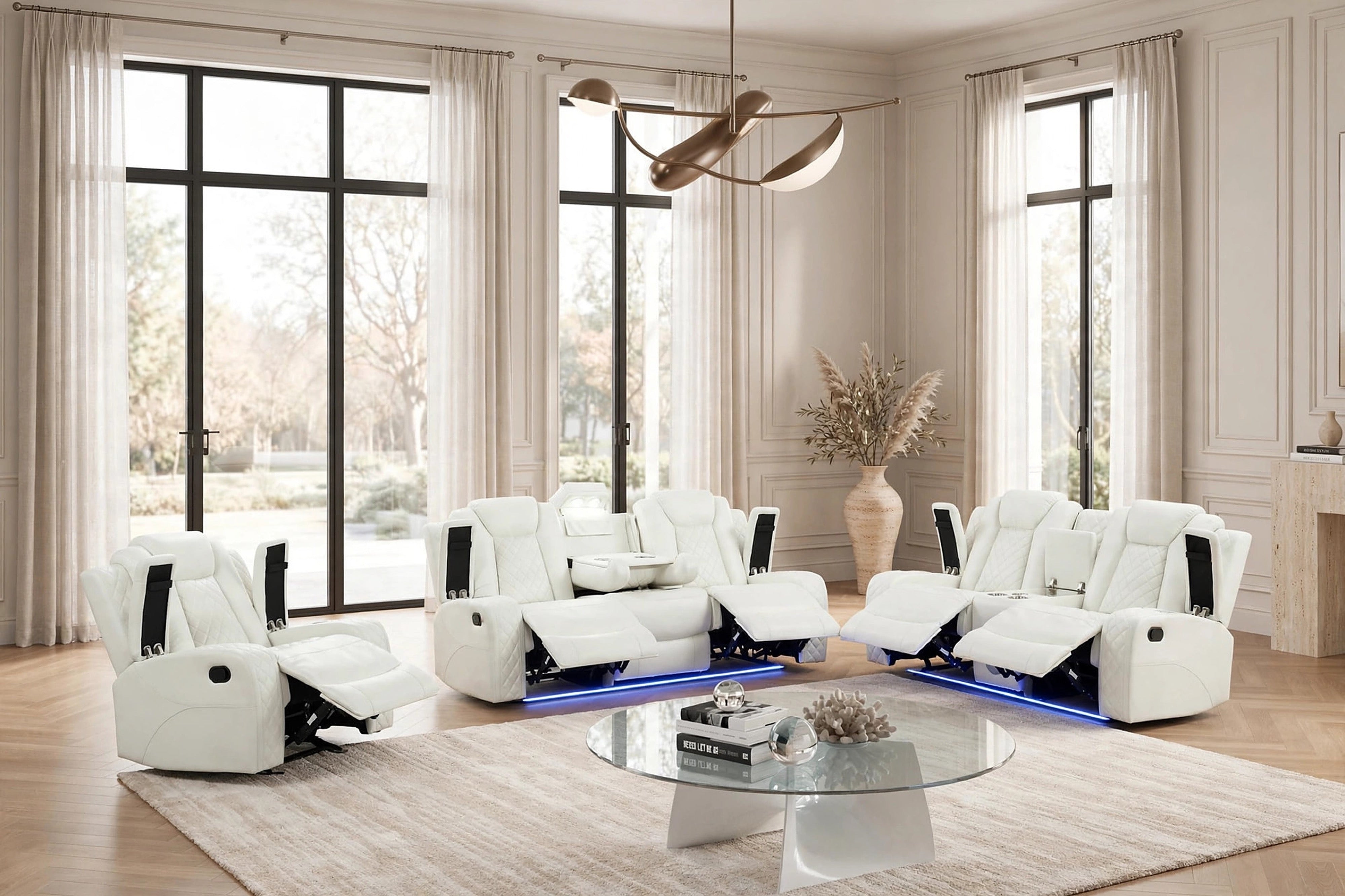 Luz Off-White Leather-Gel 3-Piece Reclining Set with Bluetooth Speaker, view 2