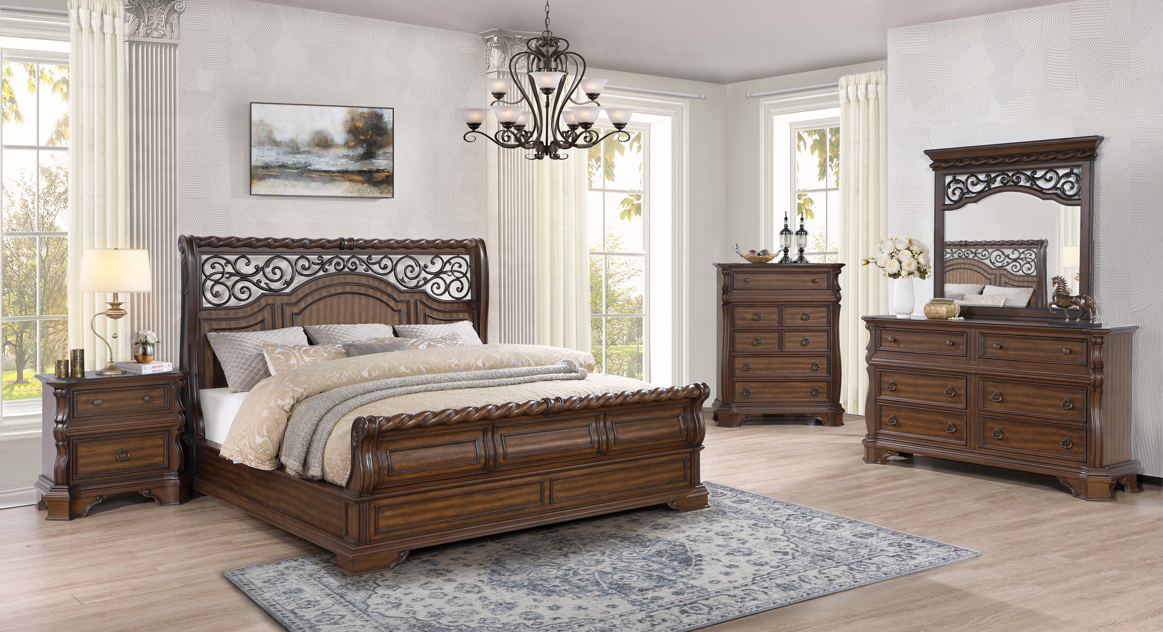 Carved Brown Sleigh 5-Piece Bedroom Set
