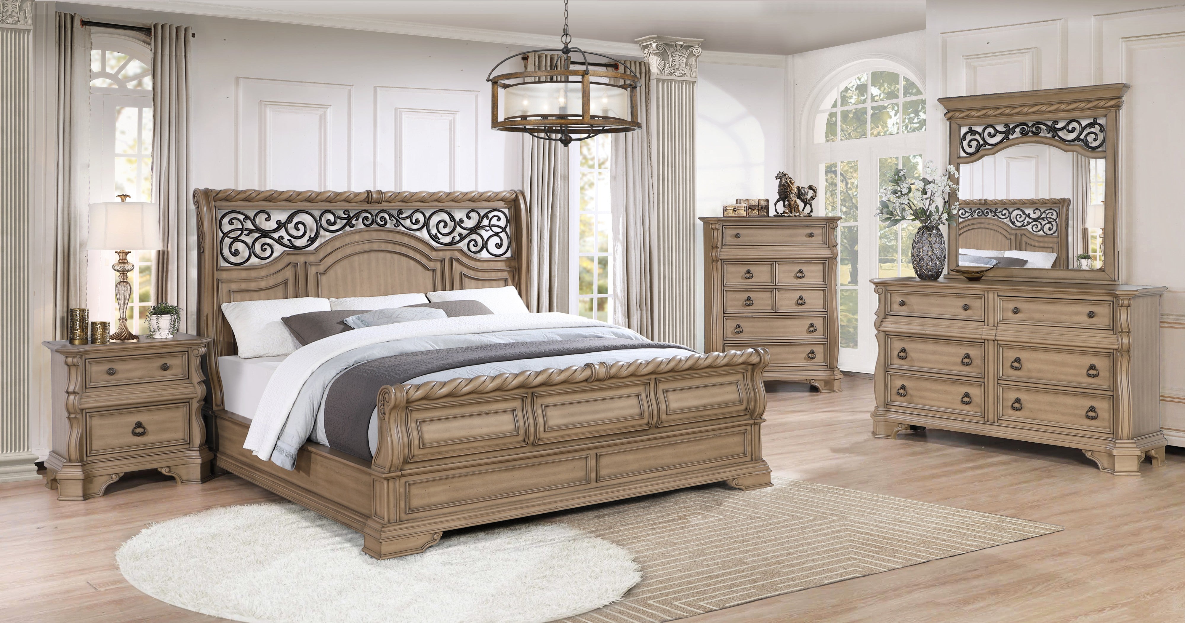 Weathered Brown Scrollwork 5-Piece Bedroom Set