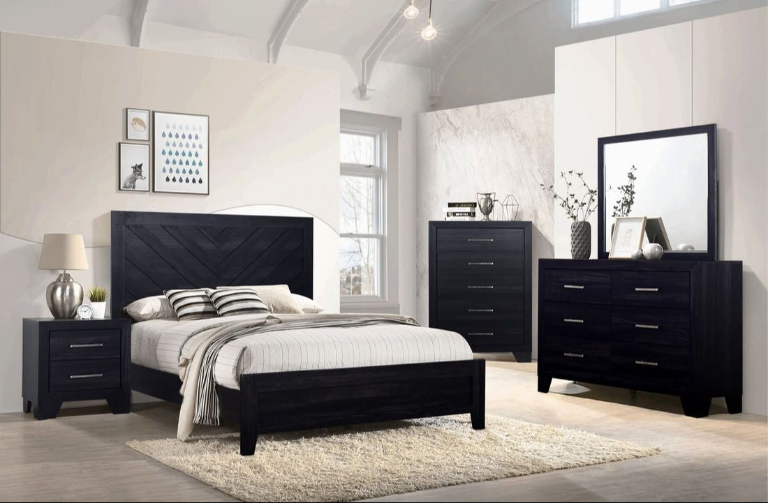 Dark Charcoal 5-Piece Bedroom Set with Chevron Headboard