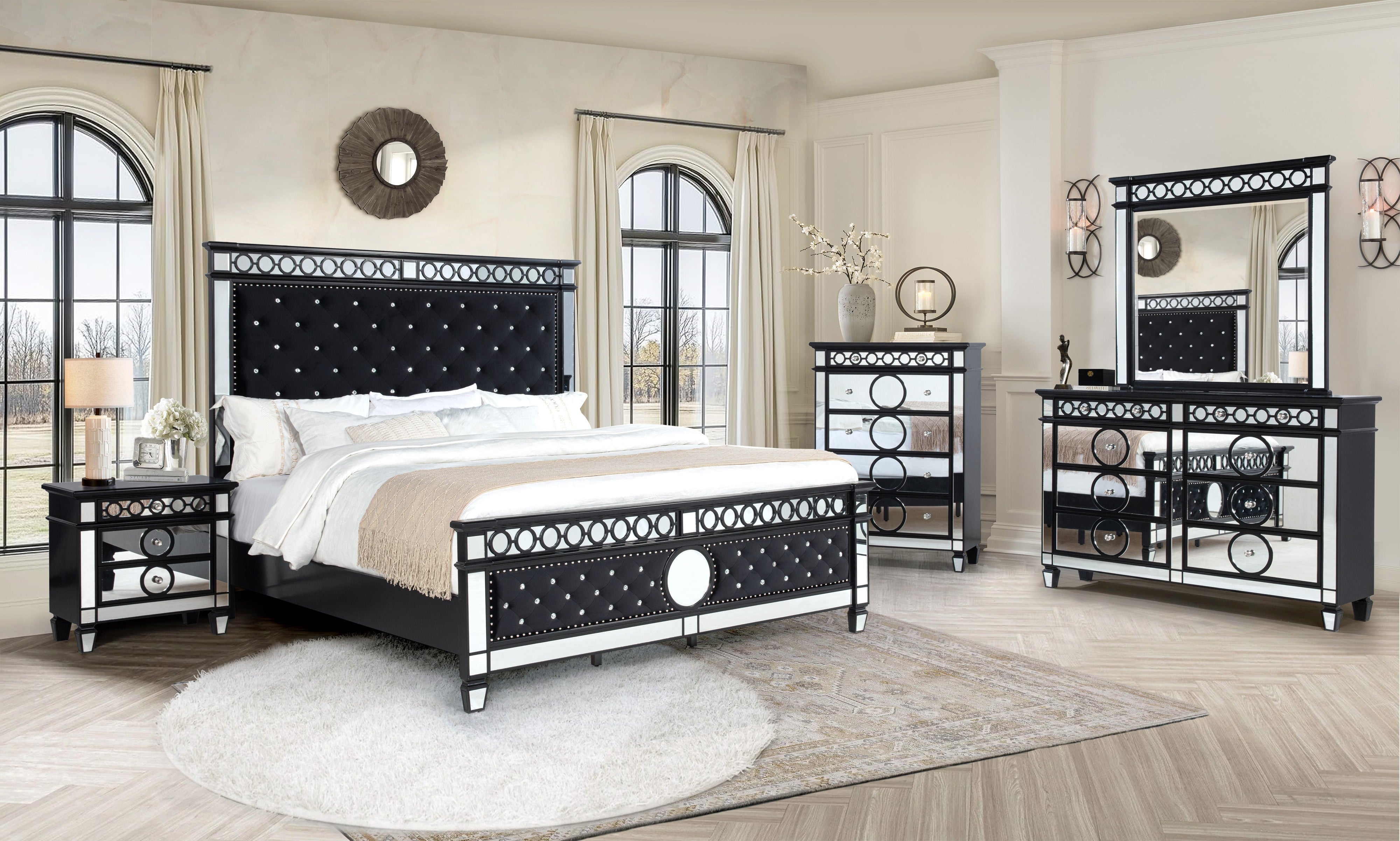 Black Velvet Tufted 4-Piece King Bedroom Set with Mirror Accents
