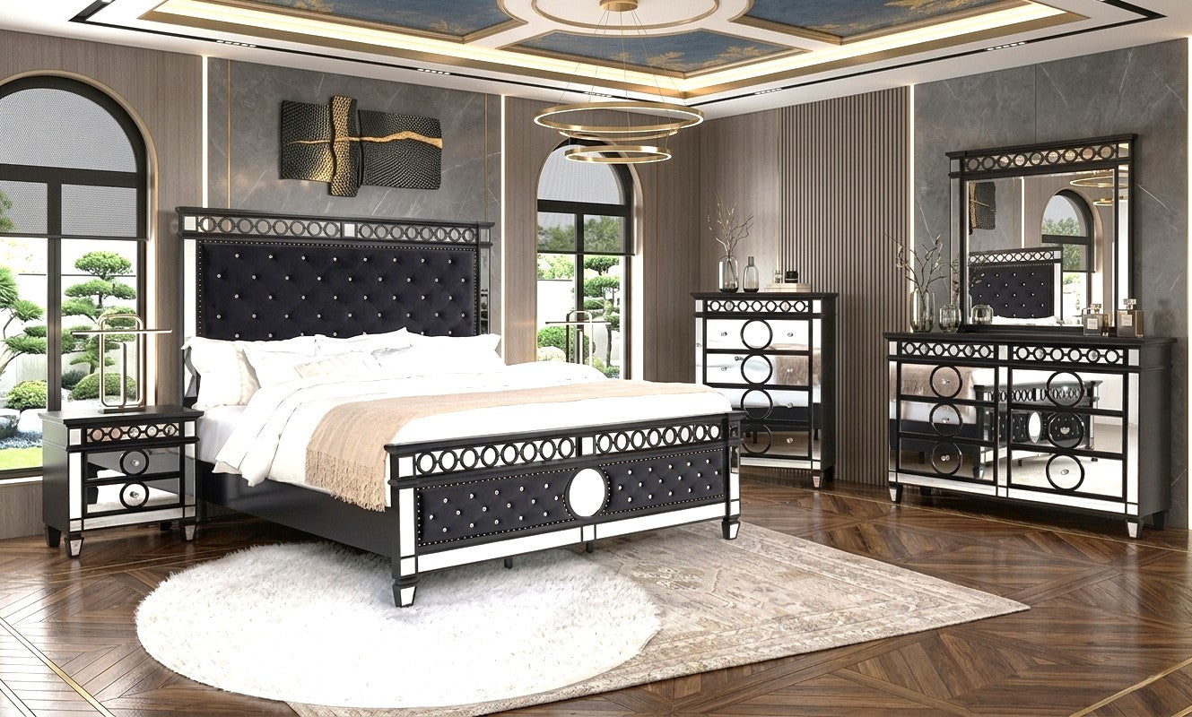 Black Velvet Tufted 4-Piece King Bedroom Set with Mirror Accents, view 2