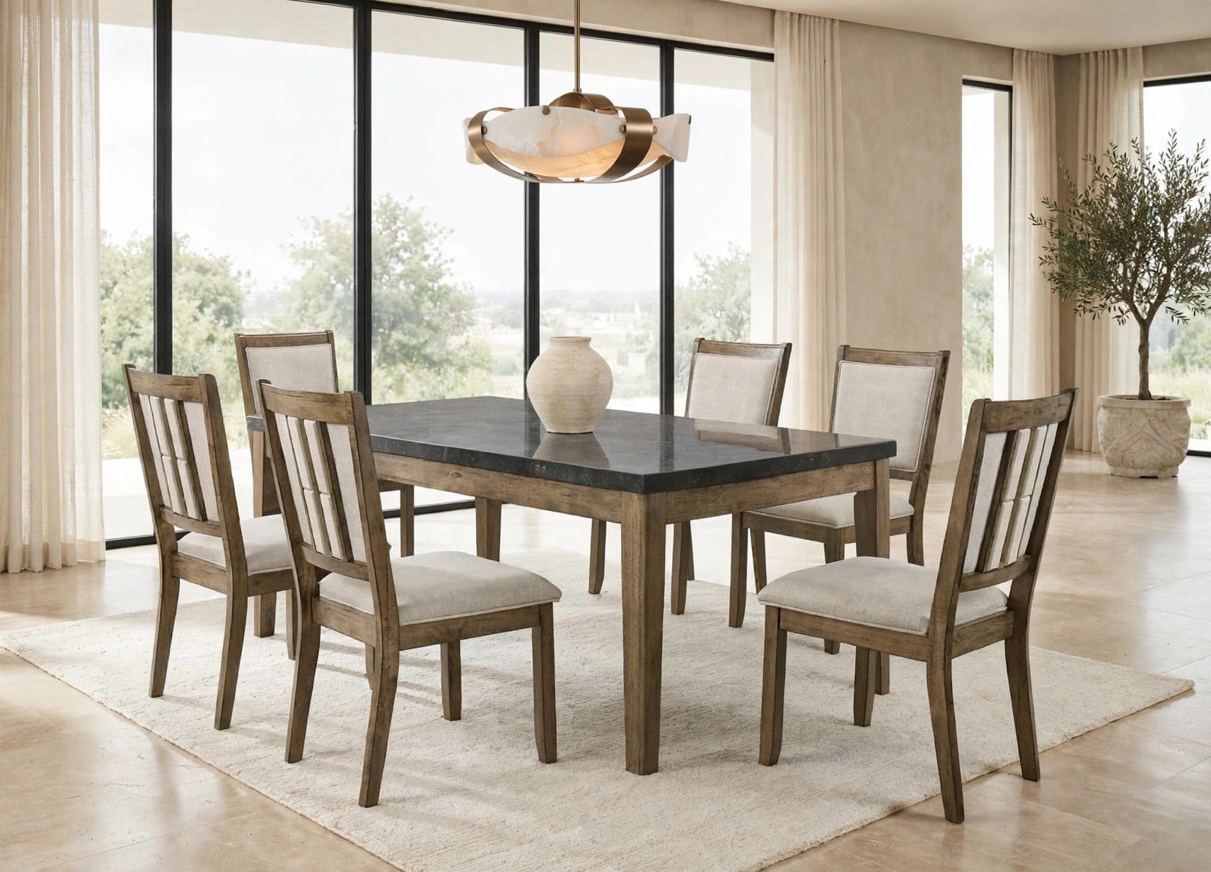 Melstone Genuine Marble 7-Piece Dining Set with Wood Chairs