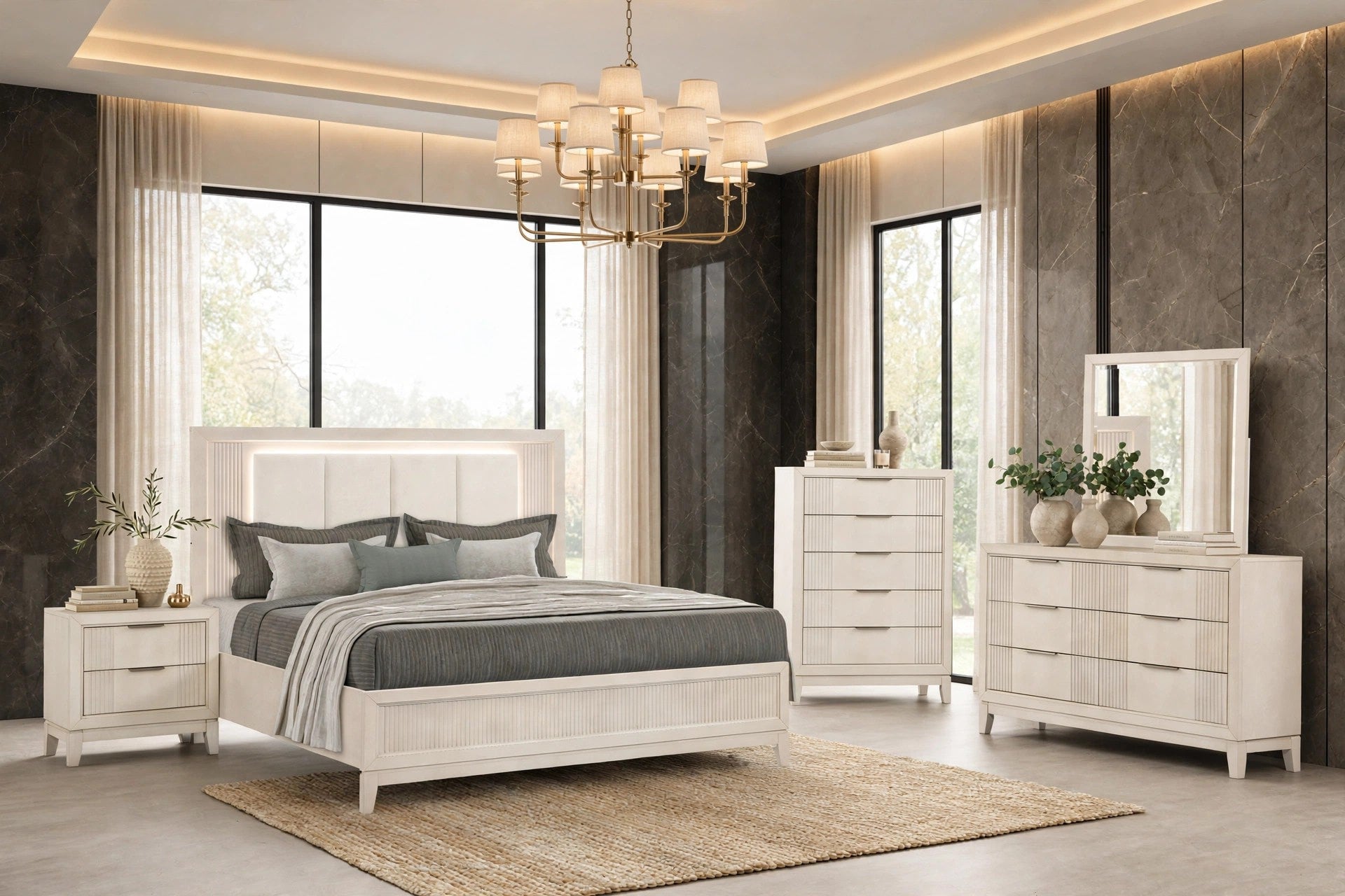 Uptown Cream King Bedroom Set with LED Headboard, view 2