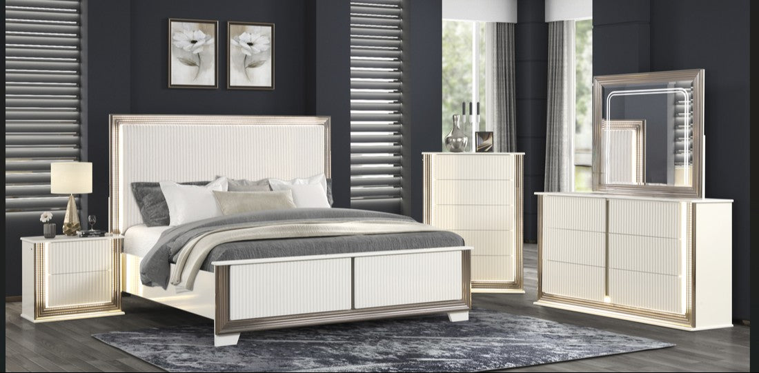 Beverly White Fur Headboard 5-Piece Bedroom Set with LED Lights