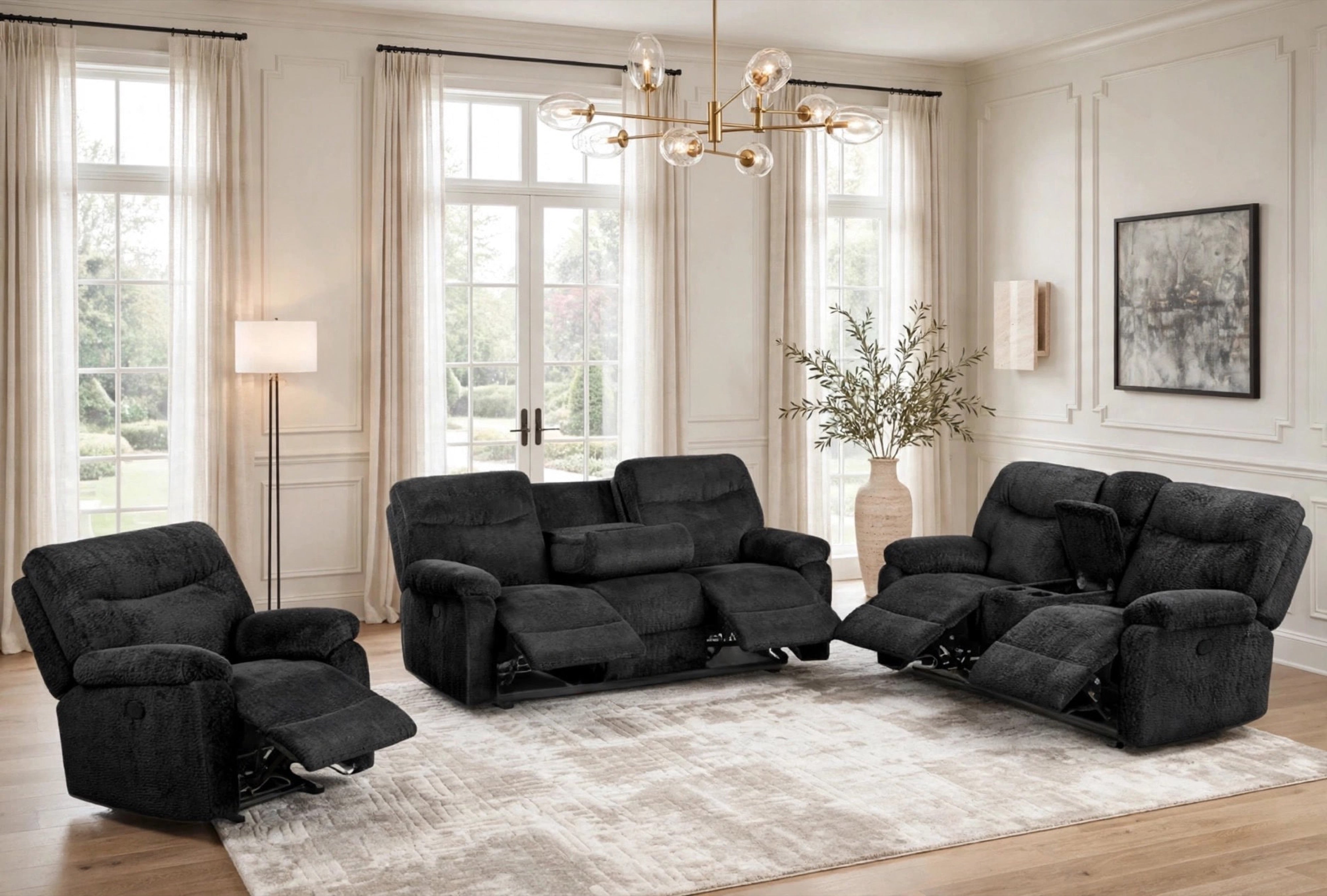 Bravo Black Teddy Fabric 3-Piece Reclining Set
