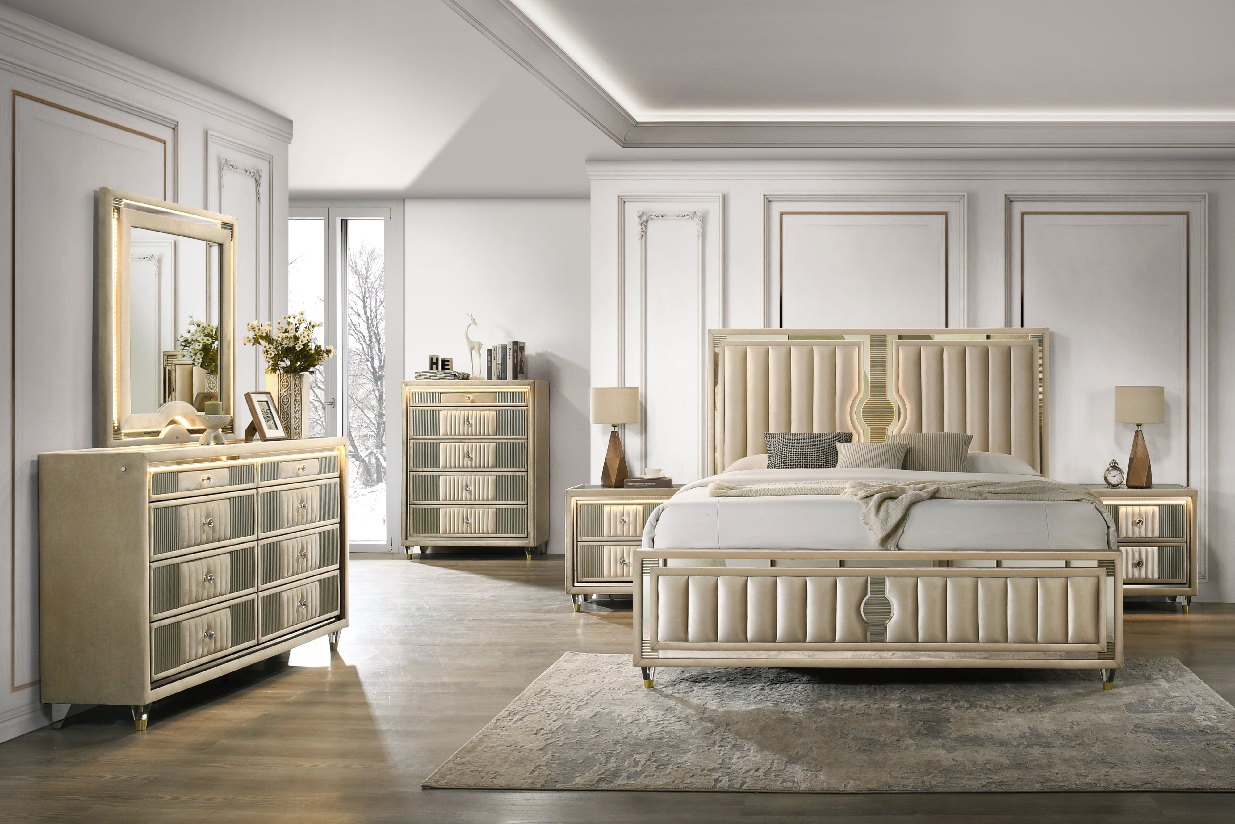 Venetian Champagne Platform Bedroom Set with LED Lights