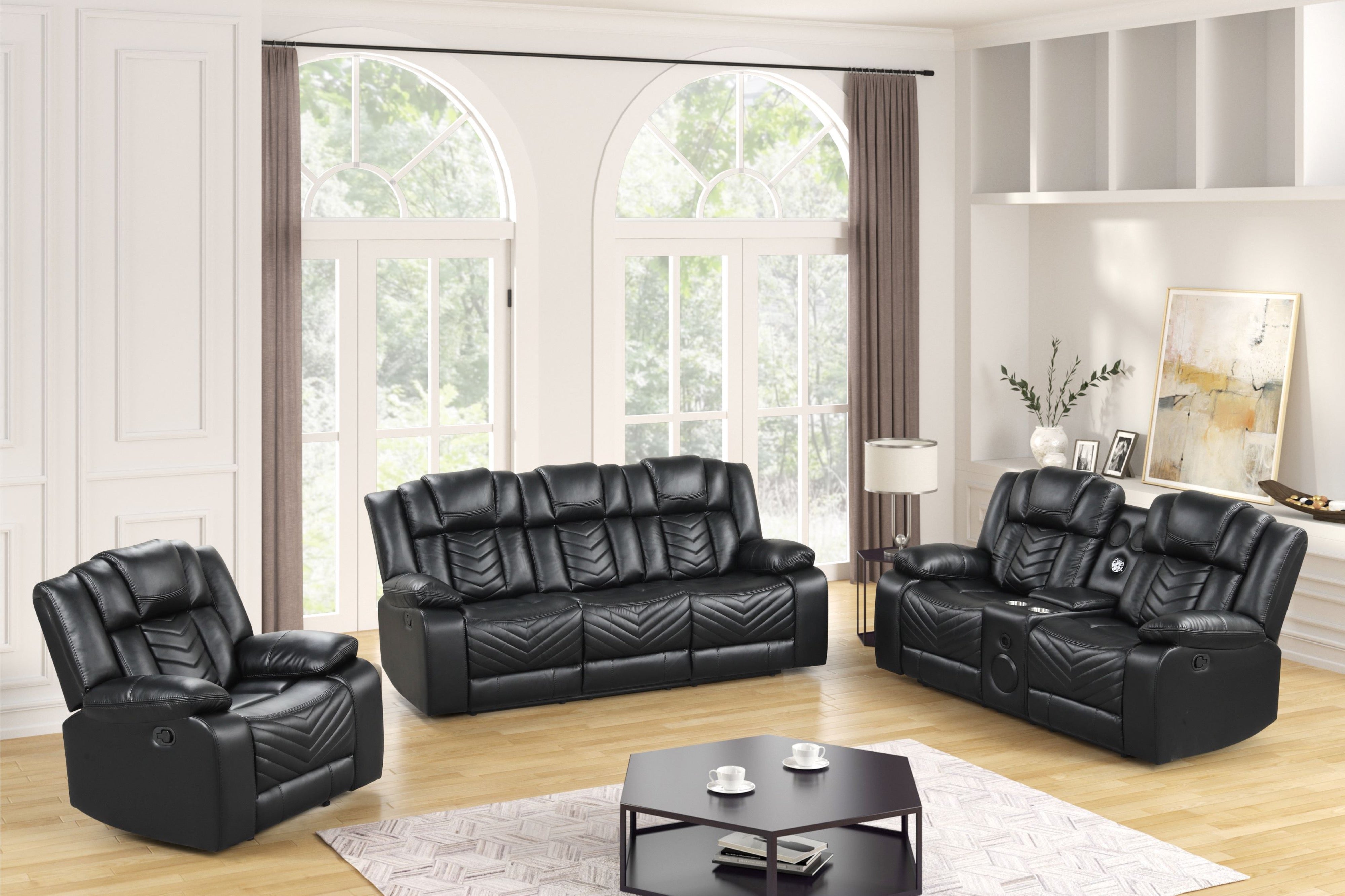 Ace Black Leather-Gel 3-Piece Reclining Set