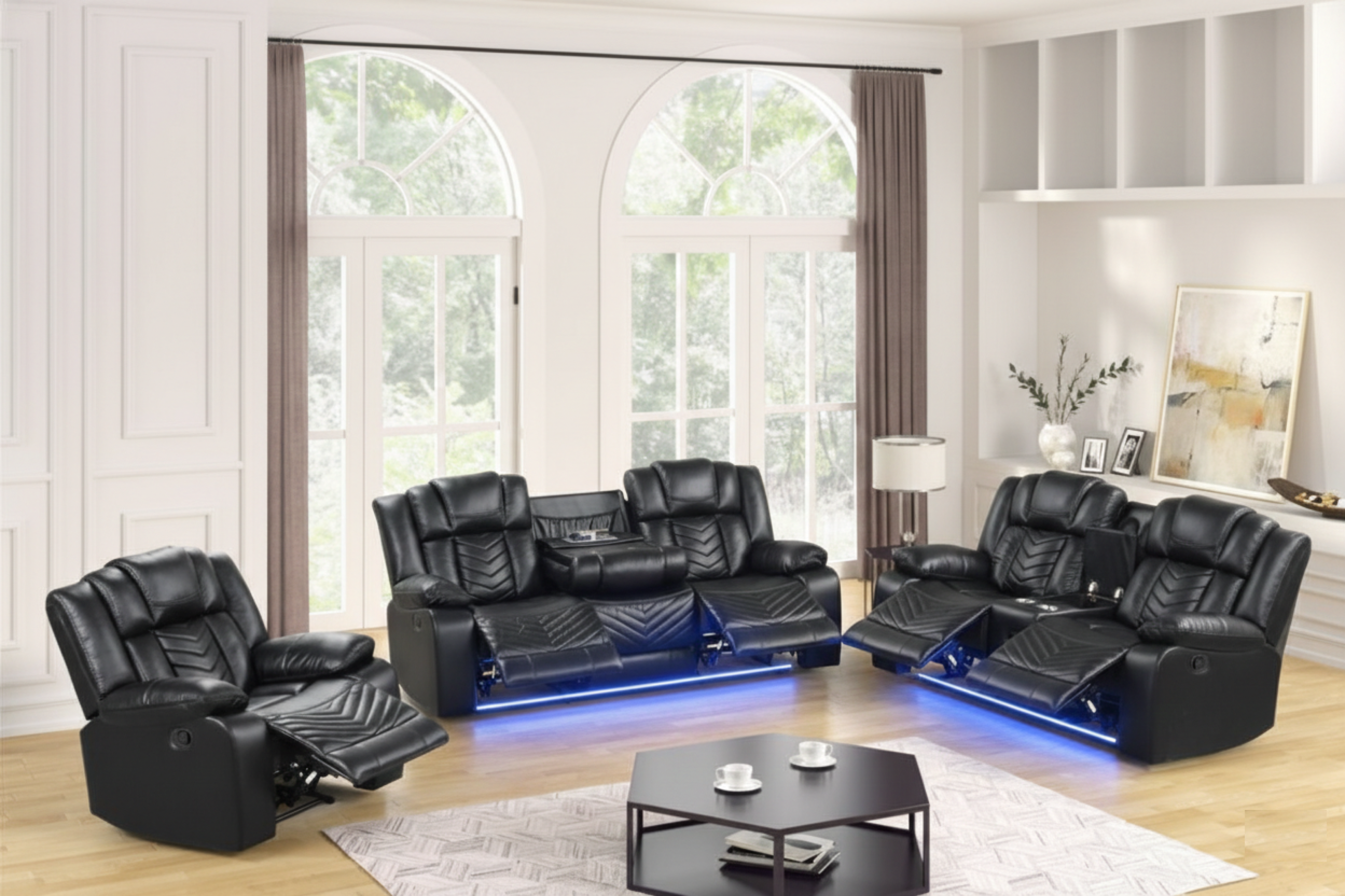 Ace Black Leather-Gel 3-Piece Reclining Set, view 2
