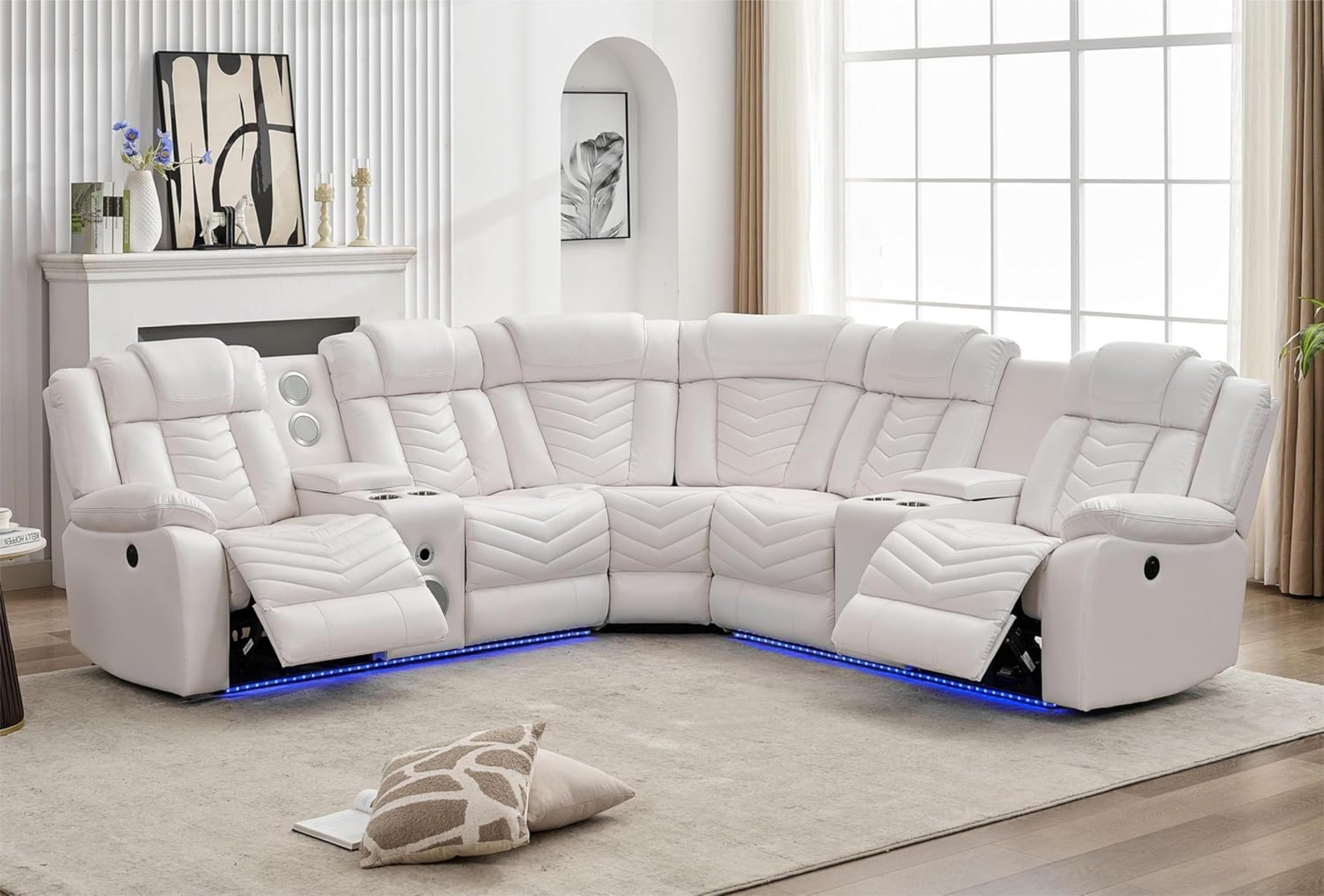 Ace White Reclining Sectional with Bluetooth Speaker, view 2