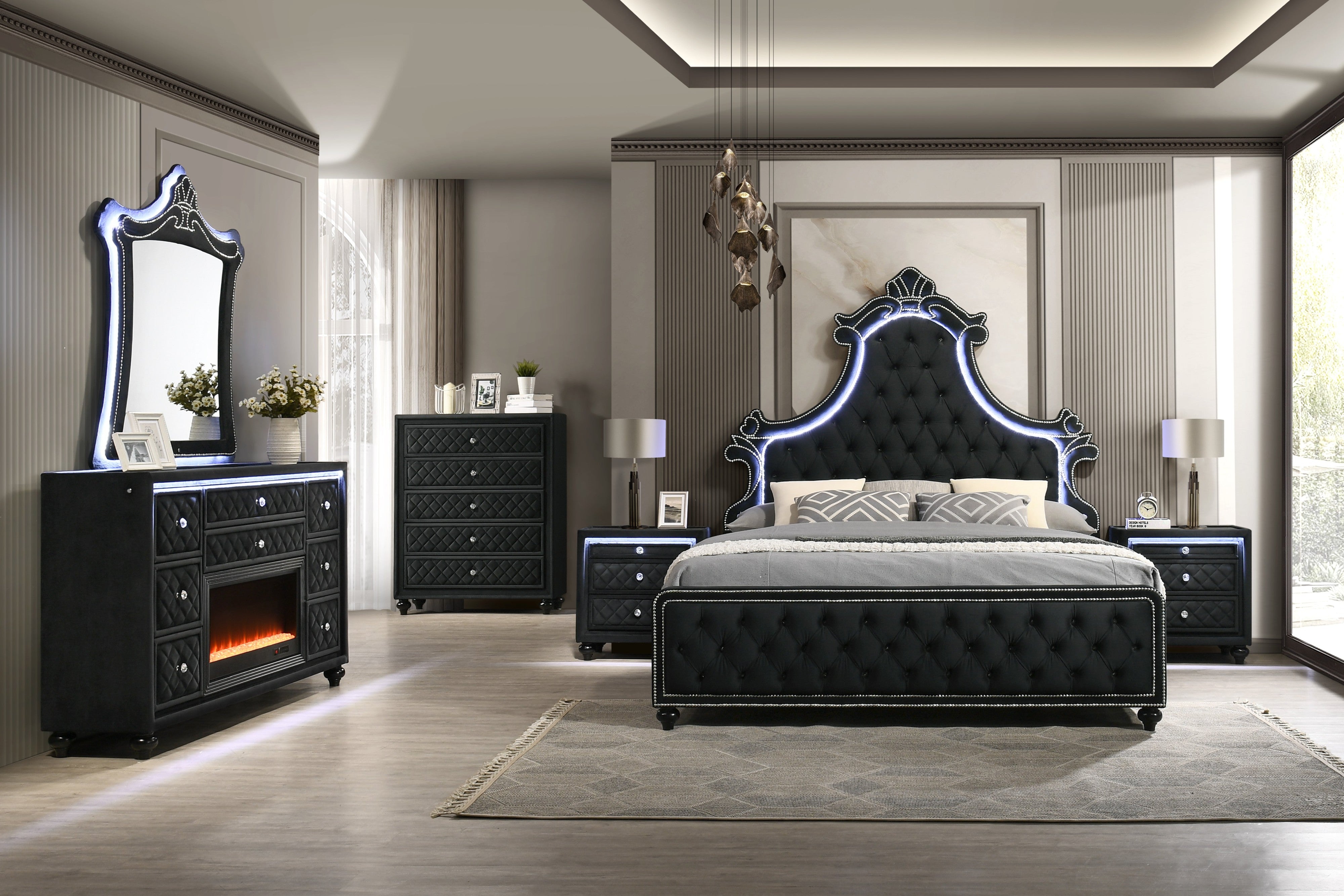 Majesty Black 5-Piece King Bedroom Set with Fireplace Dresser