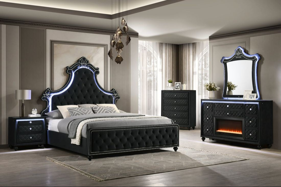 Majesty Black 5-Piece King Bedroom Set with Fireplace Dresser, view 2