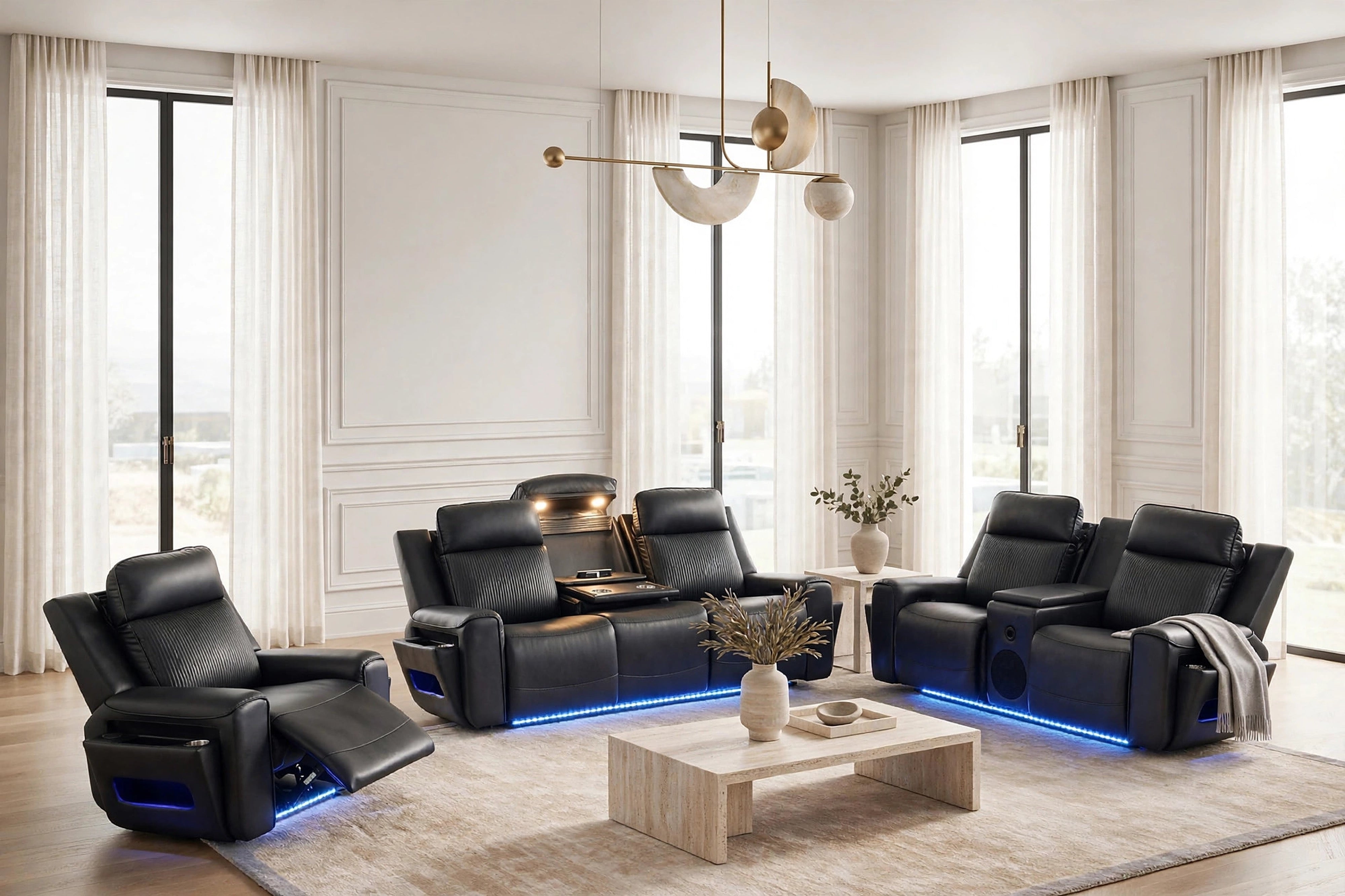 Rolls Royce Black Leather-Gel Power 3-Piece Reclining Set