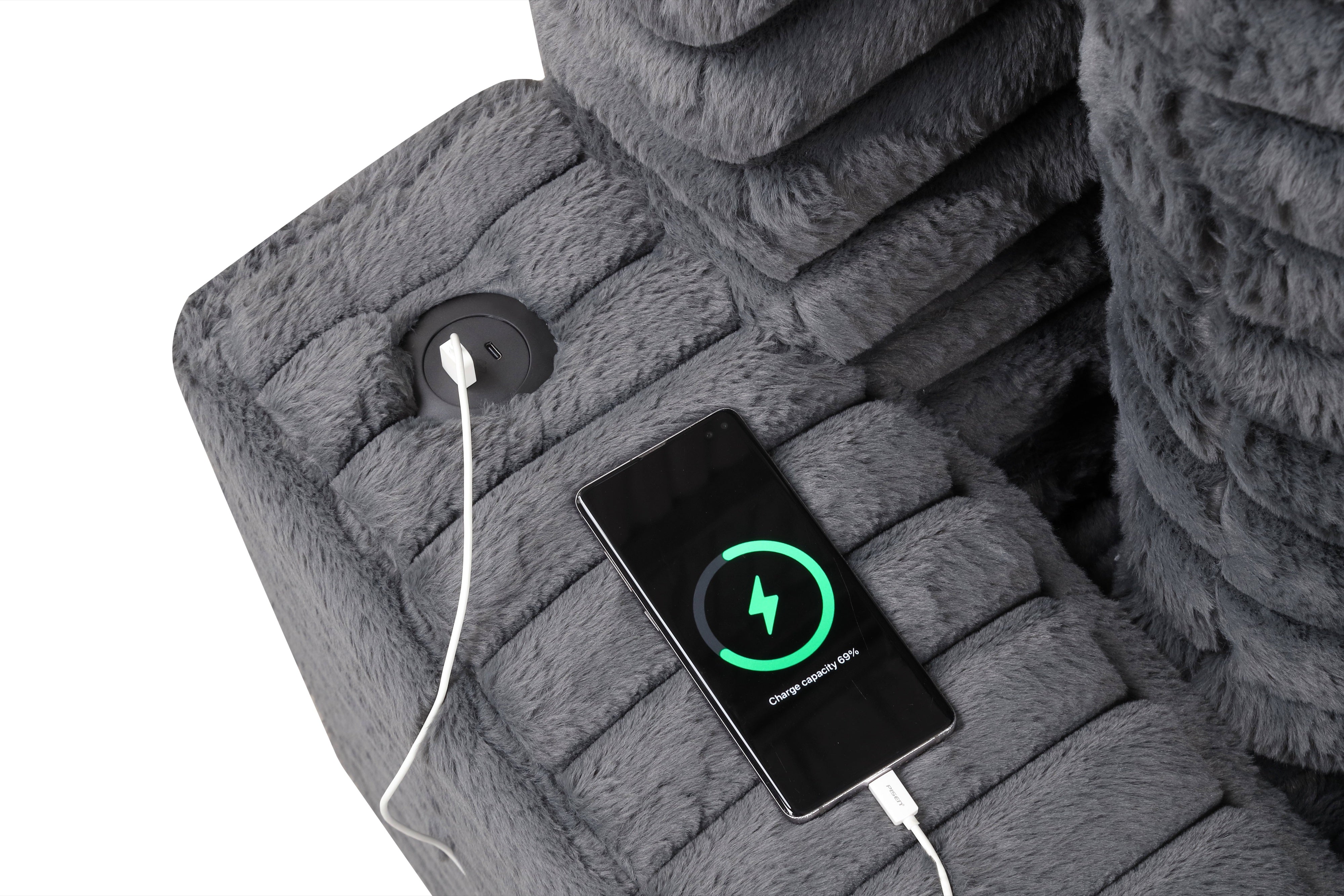Charcoal Plush Chaise Lounge with USB Charging