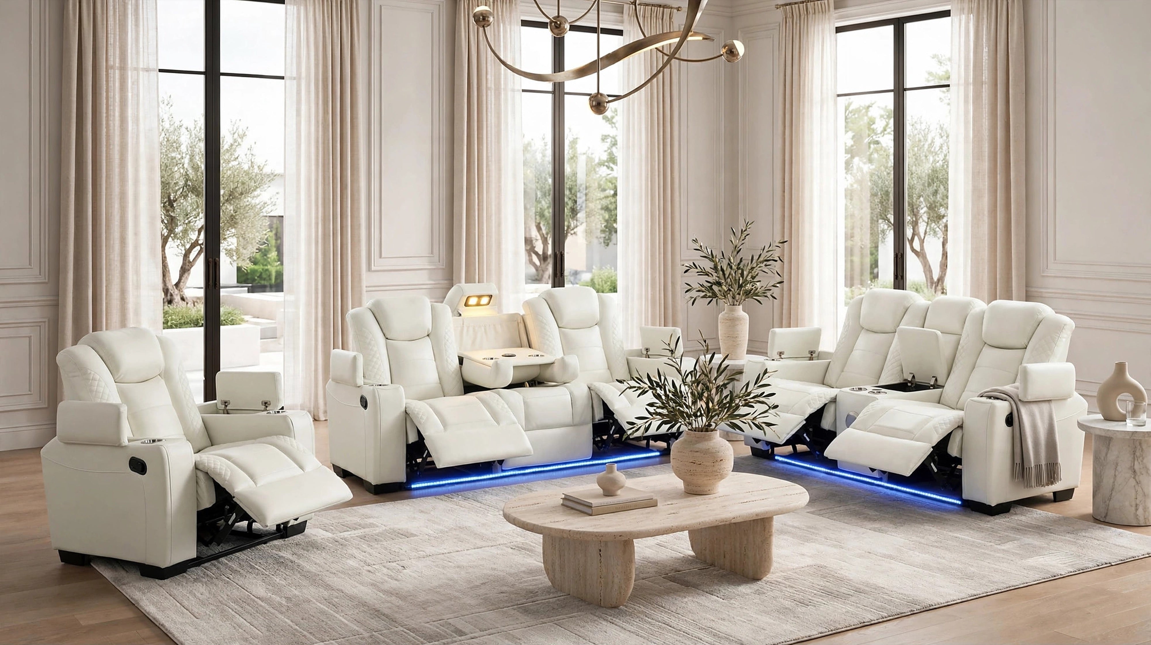 Stefano White Leather-Gel 3-Piece Reclining Set