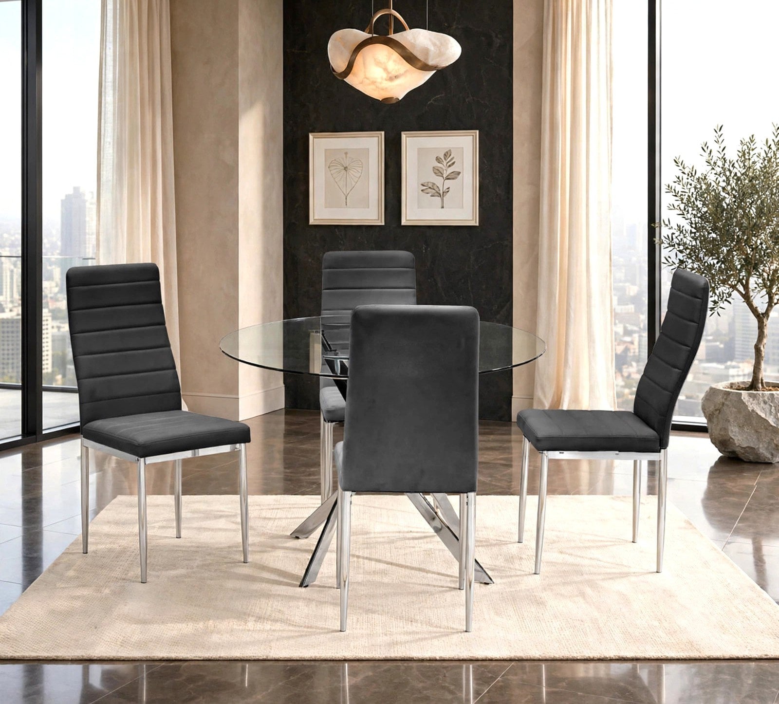 Black Round Glass 5-Piece Dining Set