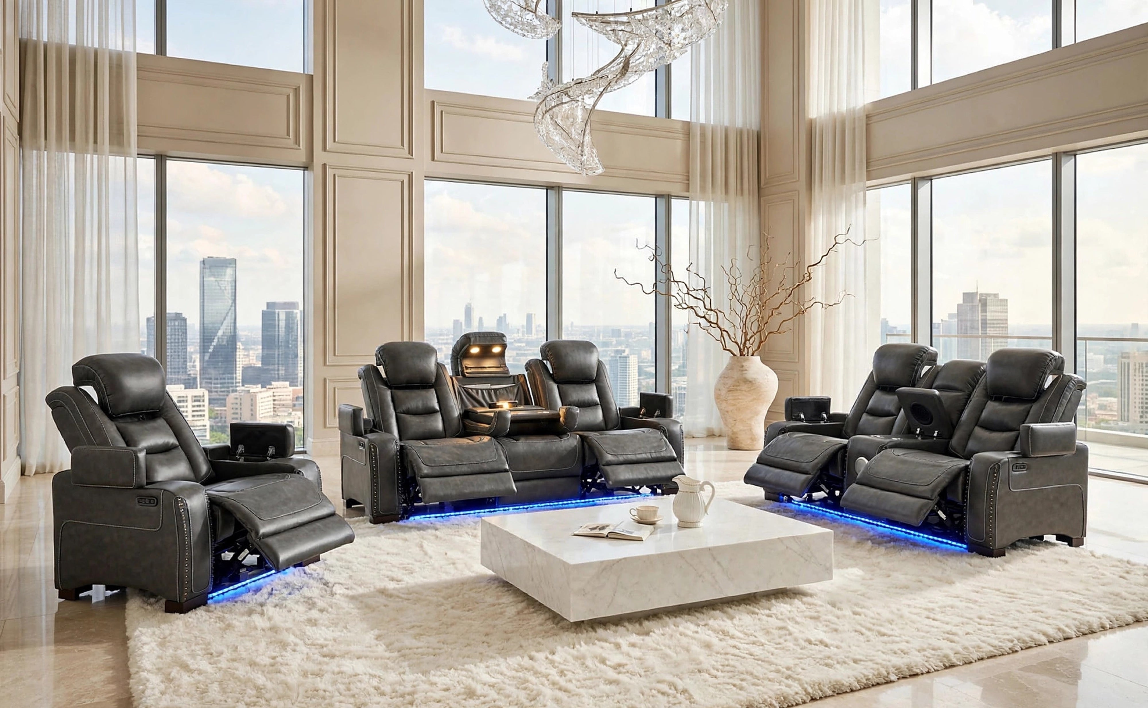 Tesla Gray Leather-Gel Power 3-Piece Reclining Set