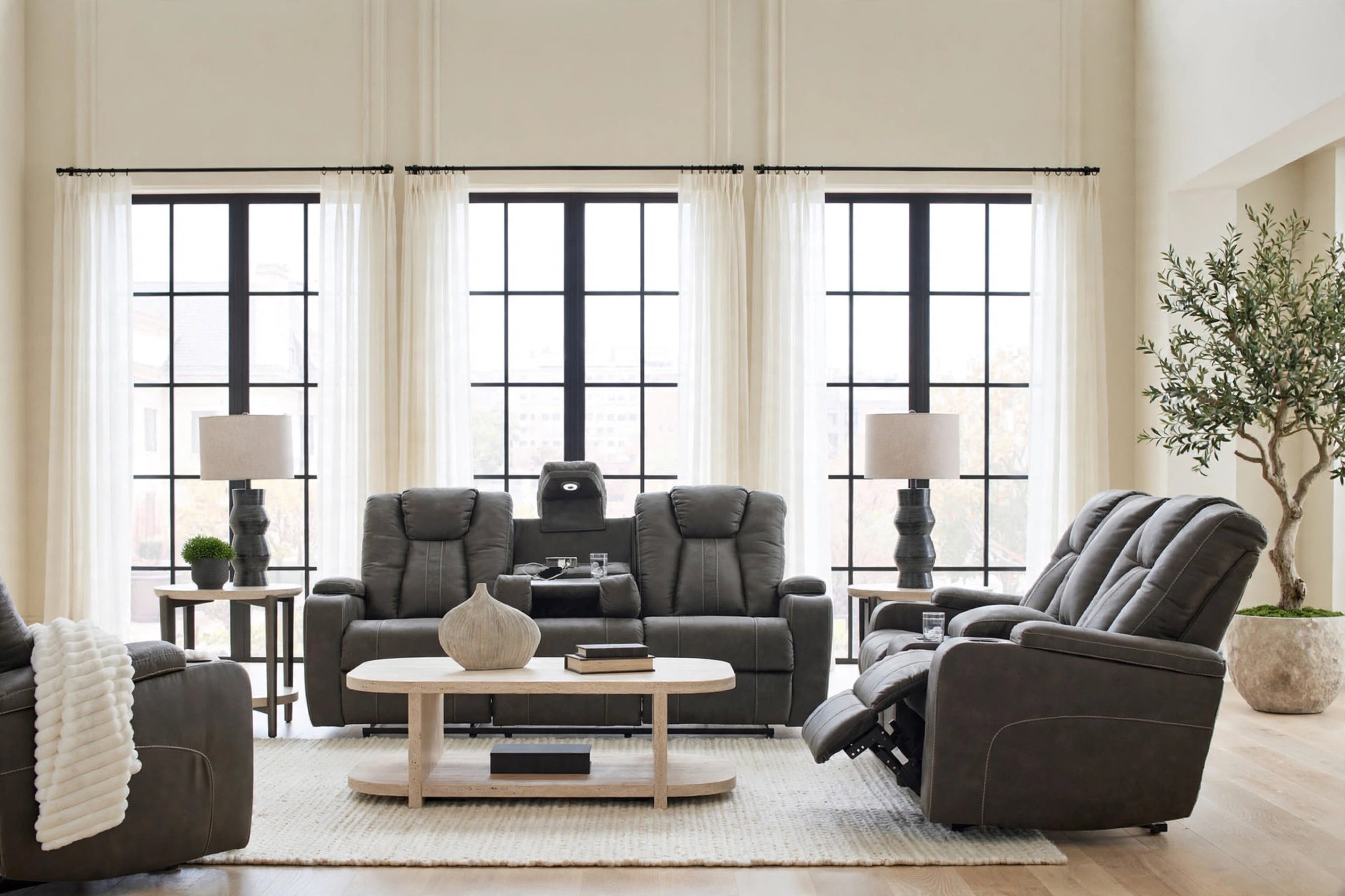 Ashley Iron Reclining Sofa & Loveseat Set with Drop-Down Table, view 2