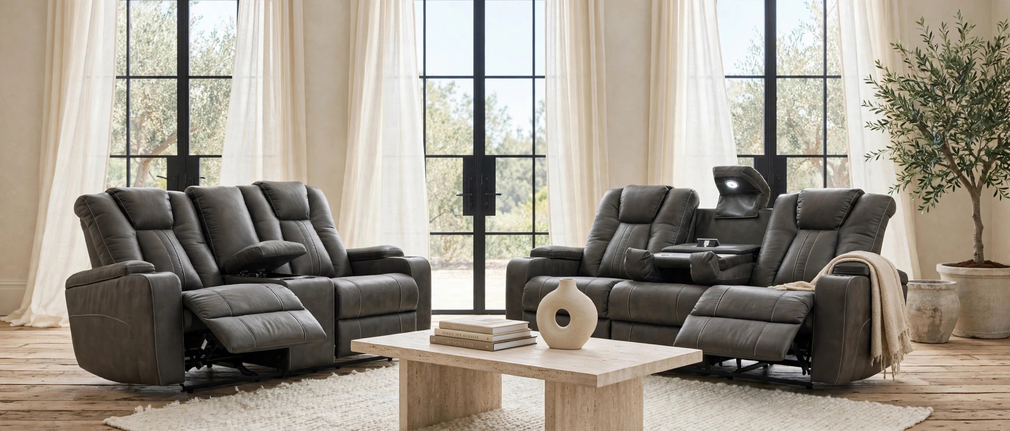 Ashley Iron Reclining Sofa & Loveseat Set with Drop-Down Table, view 3