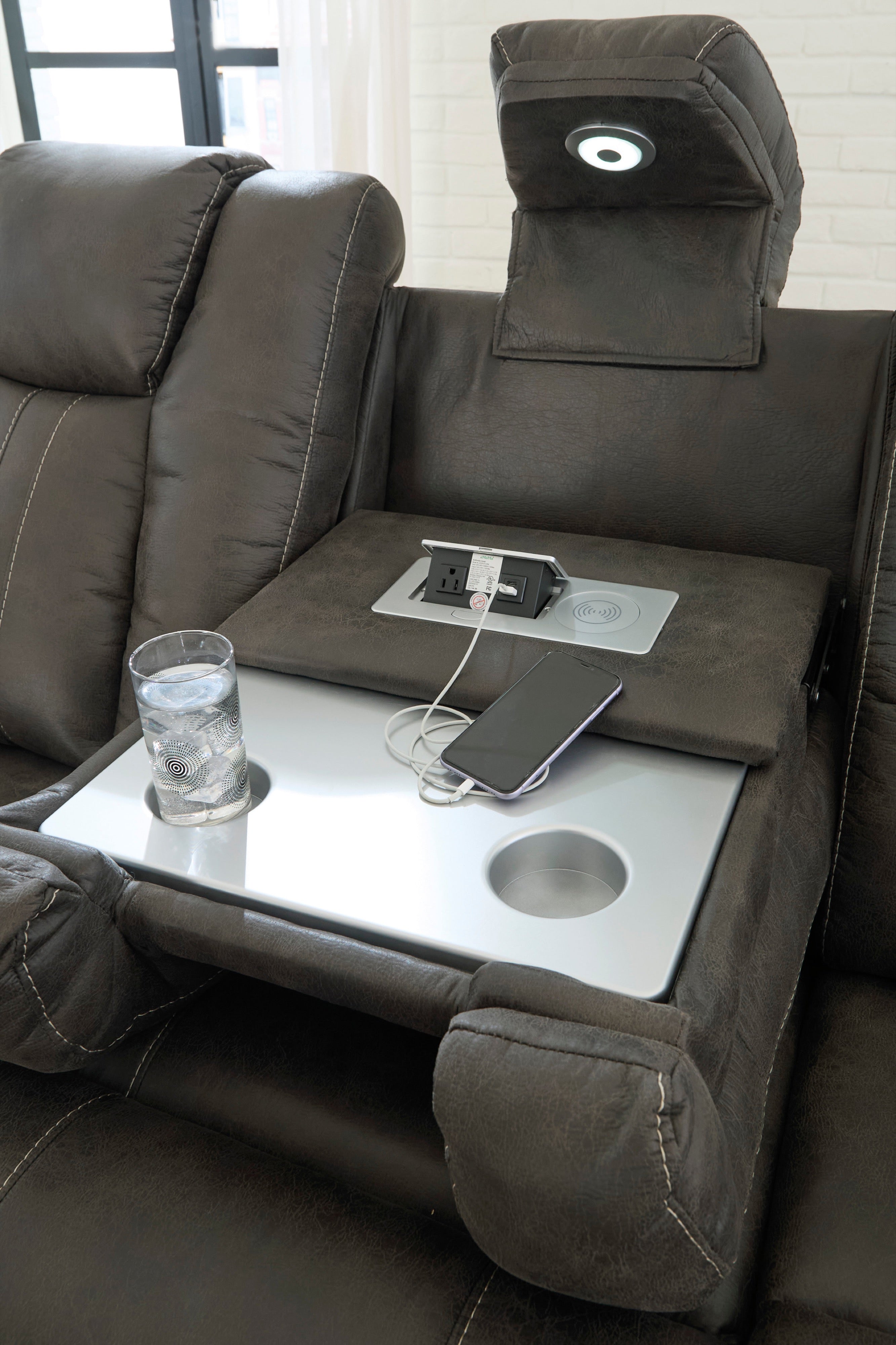 Ashley Iron Reclining Sofa & Loveseat Set with Drop-Down Table, view 6