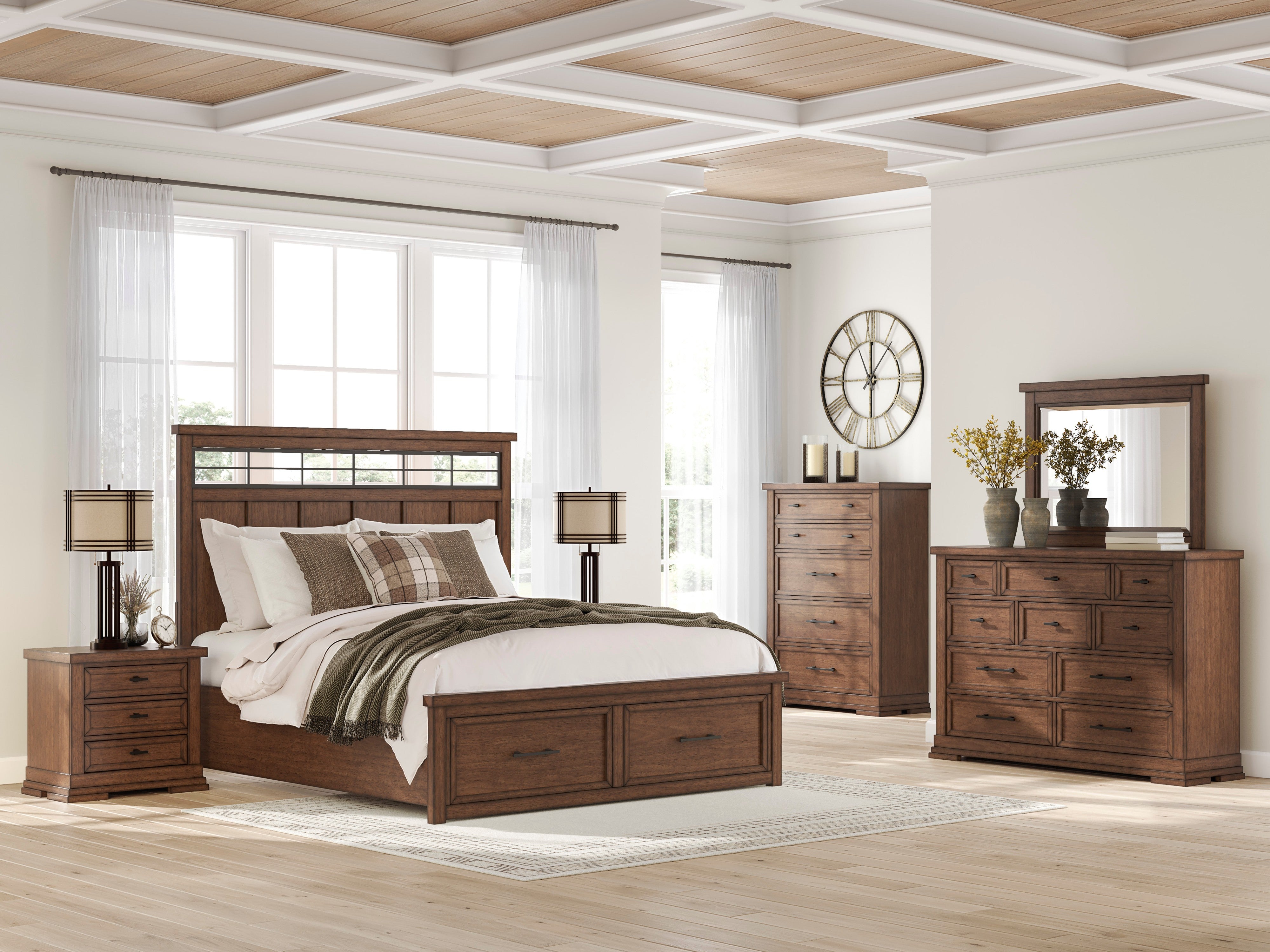 Ashley Medium Brown Panel 5-Piece Bedroom Set with Charging Nightstand