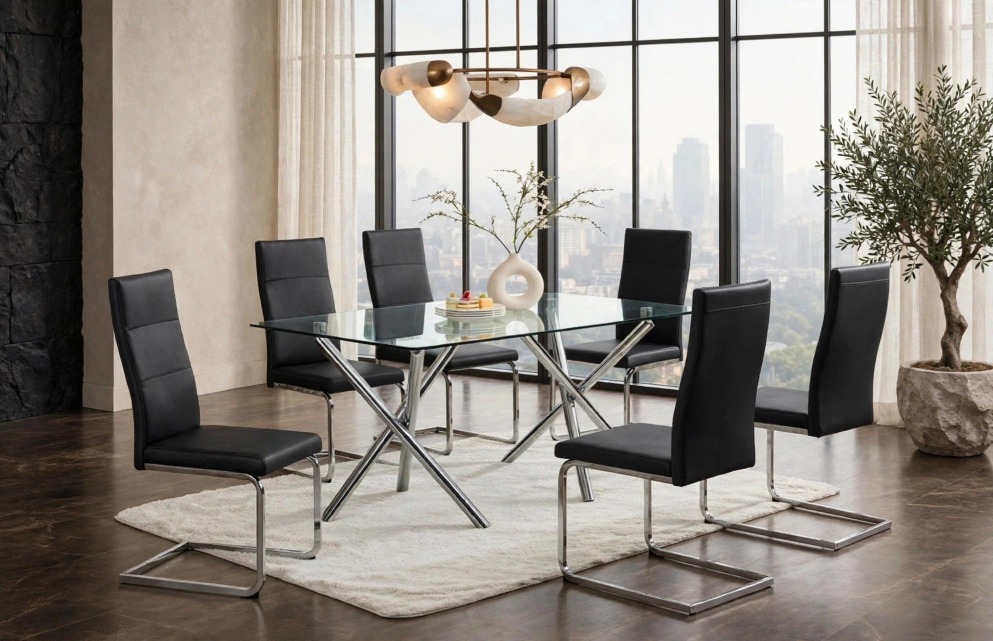 Black Glass Top 7-Piece Dining Set with Cantilever Chairs