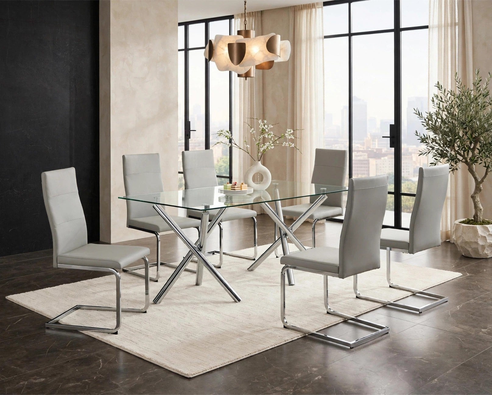 Gray Glass Top 7-Piece Dining Set with Cantilever Chairs