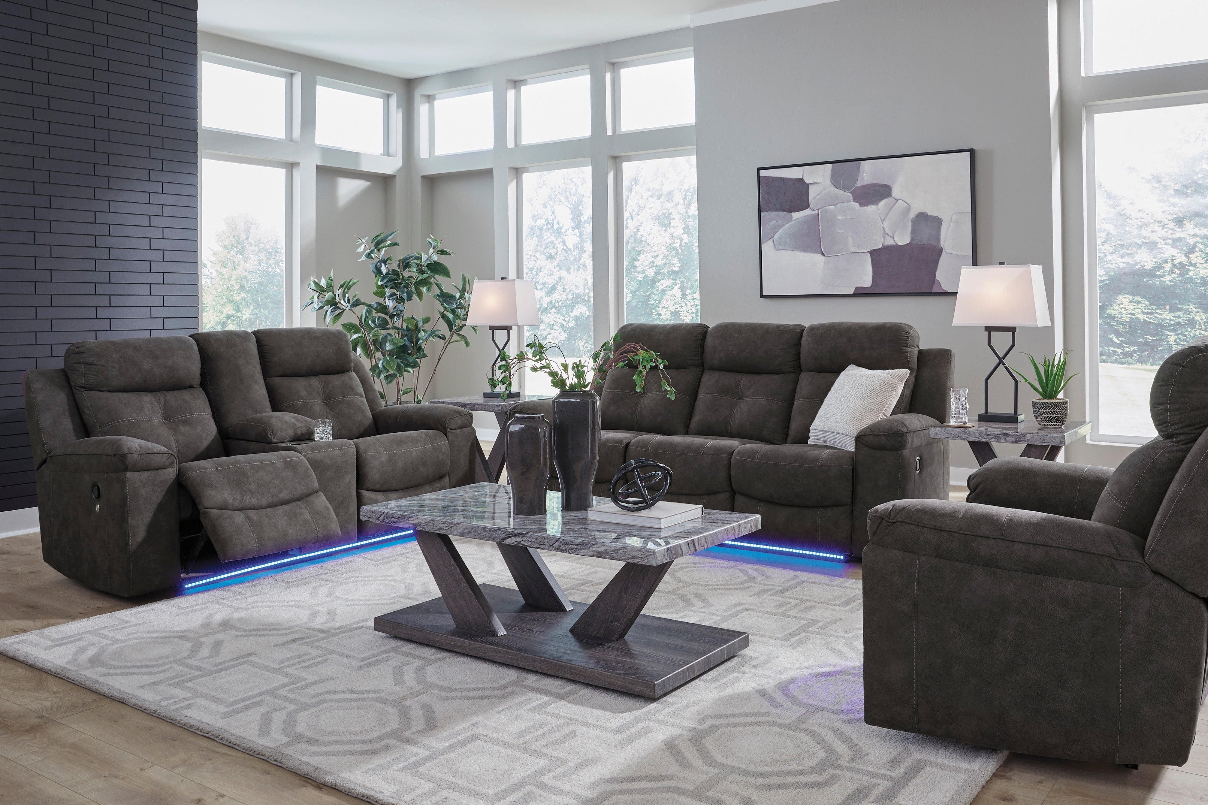 Ashley Charcoal Faux Leather Reclining Set with LED Lights, view 2