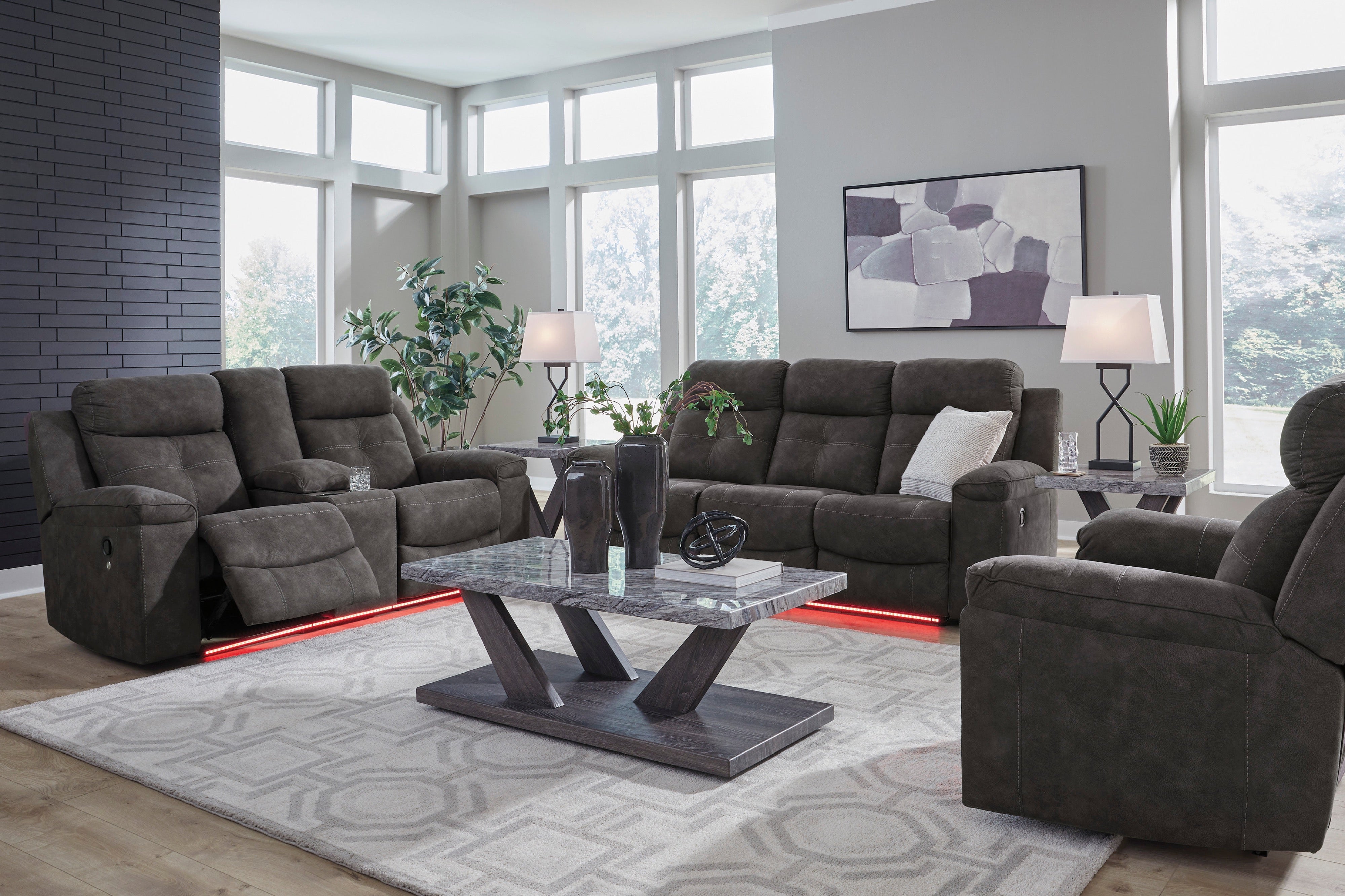 Ashley Charcoal Faux Leather Reclining Set with LED Lights, view 3