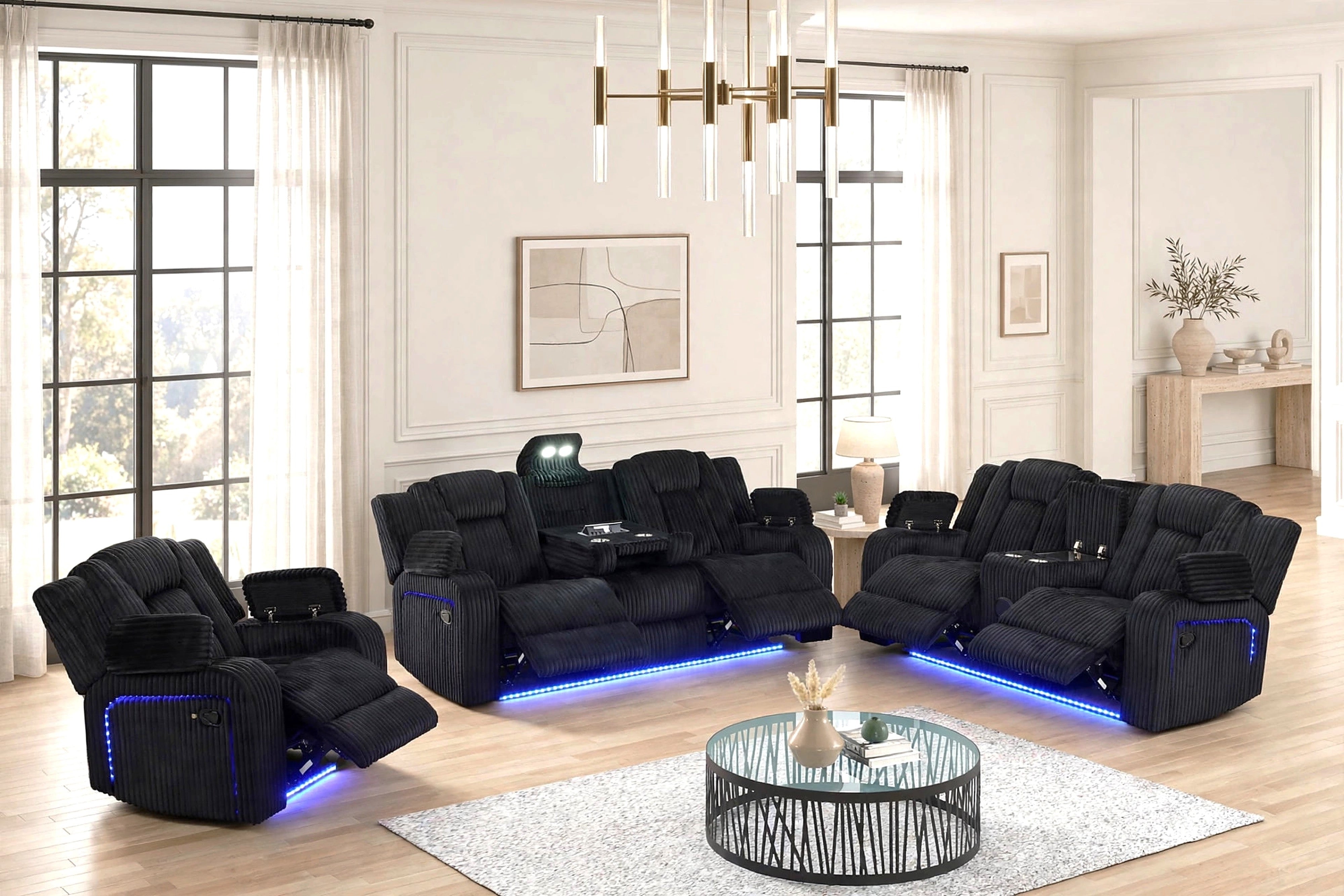 Hulk Black Corduroy 3-Piece Reclining Set with Bluetooth Speaker