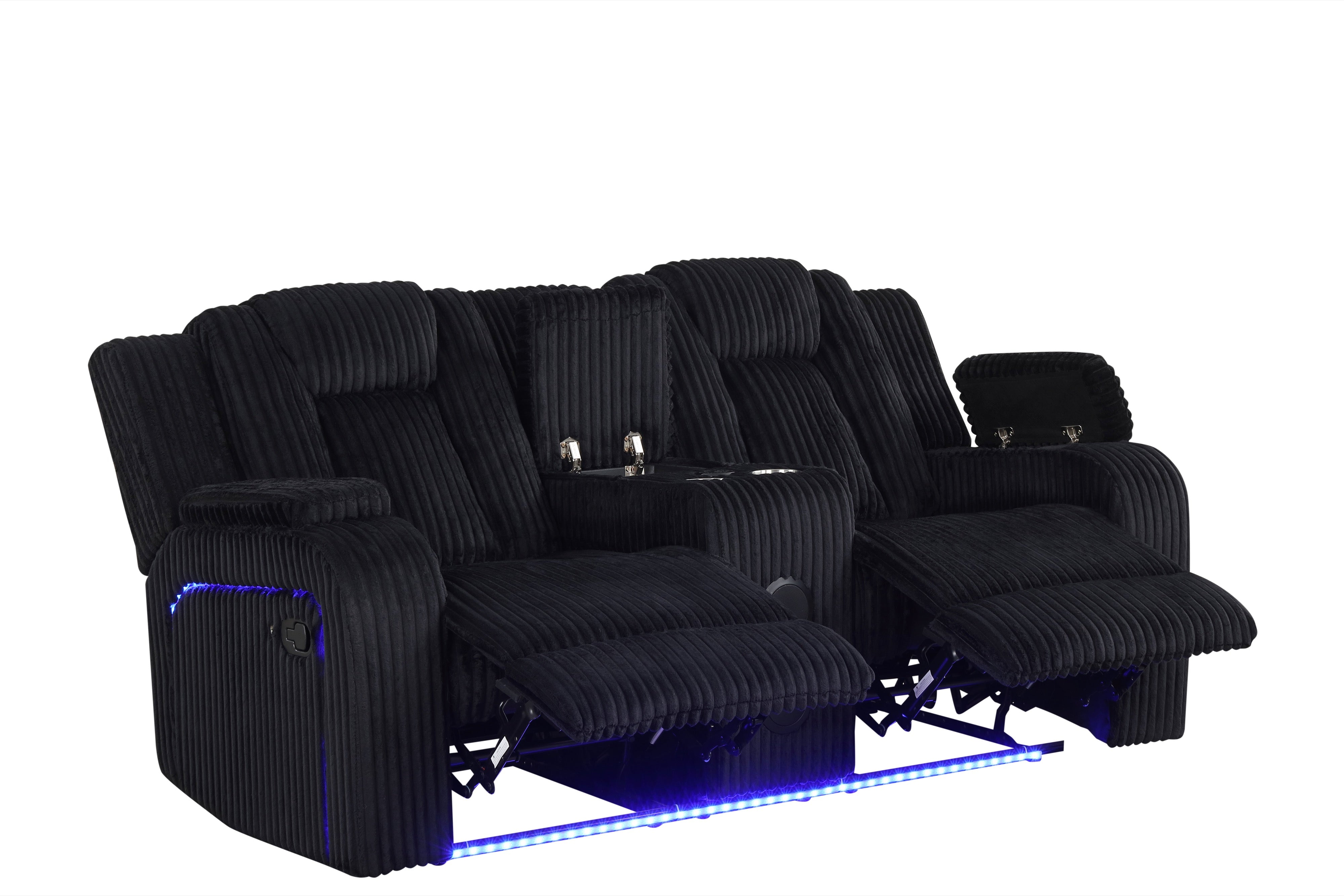 Hulk Black Corduroy 3-Piece Reclining Set with Bluetooth Speaker, view 3