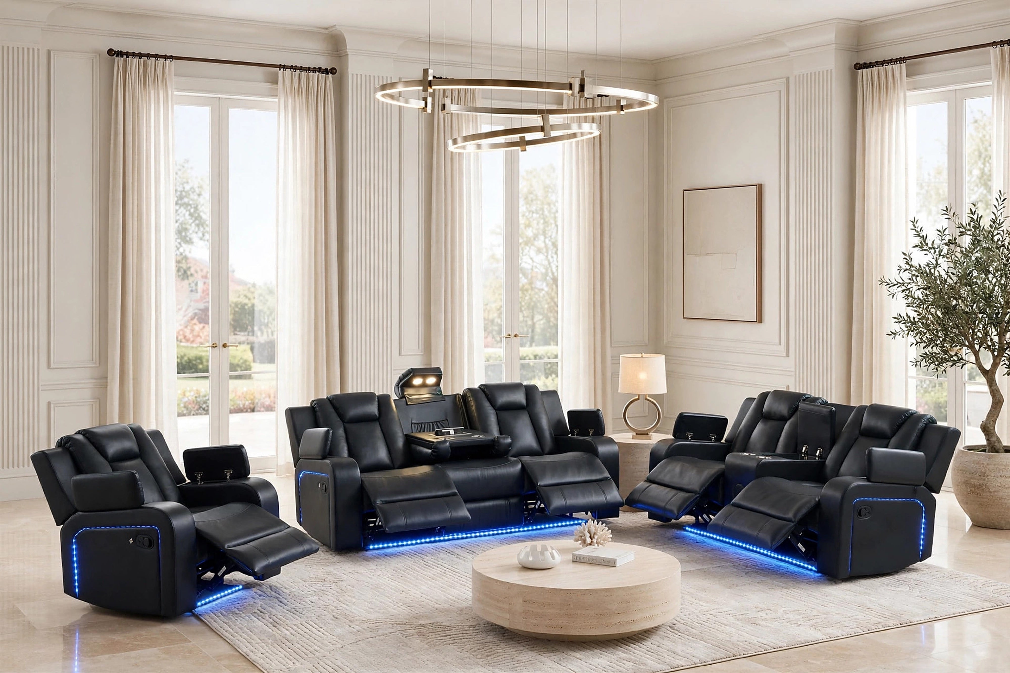 Hulk Black Leather-Gel 3-Piece Reclining Set with Bluetooth Speaker