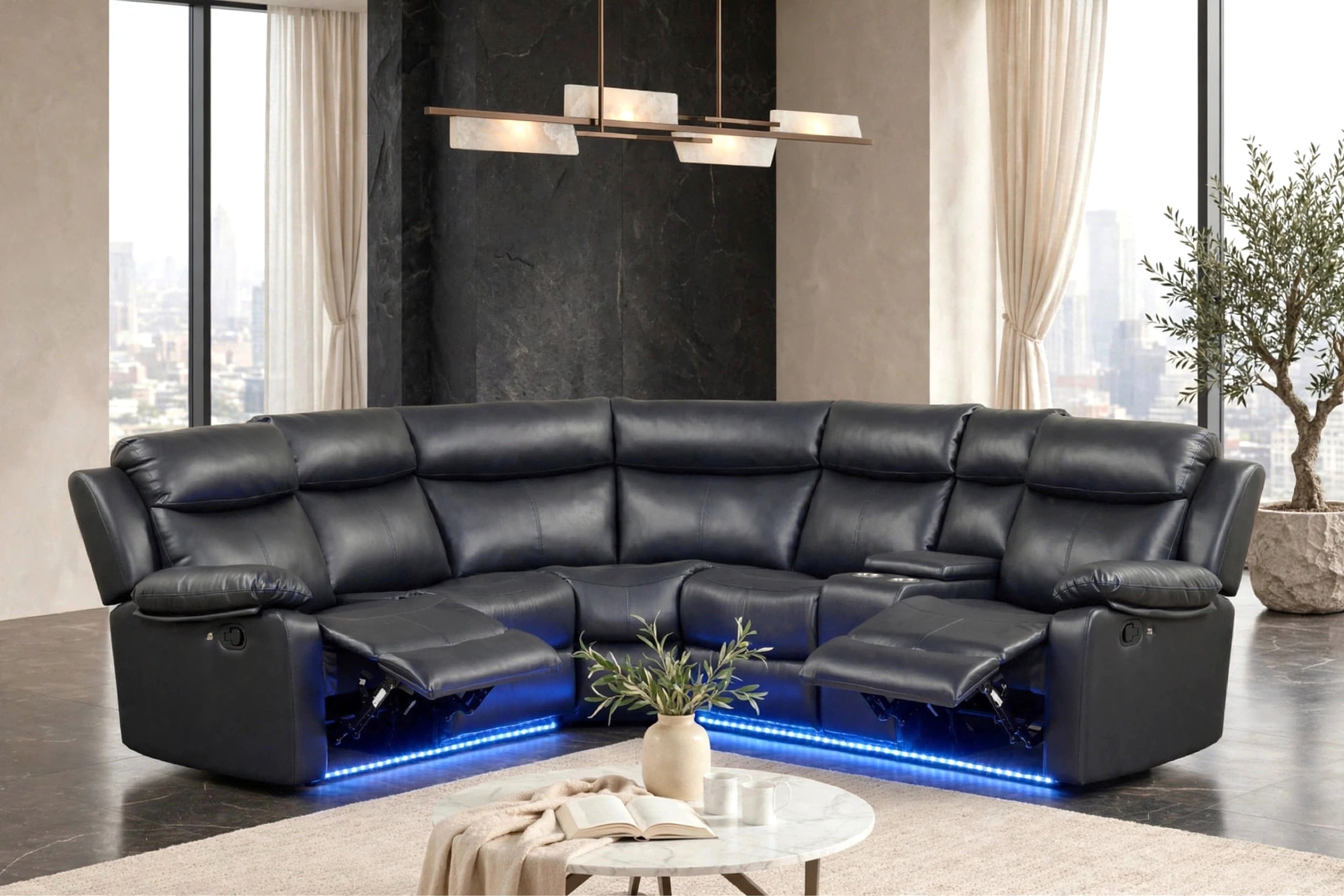 Super Black Reclining Sectional with LED Lights, view 4