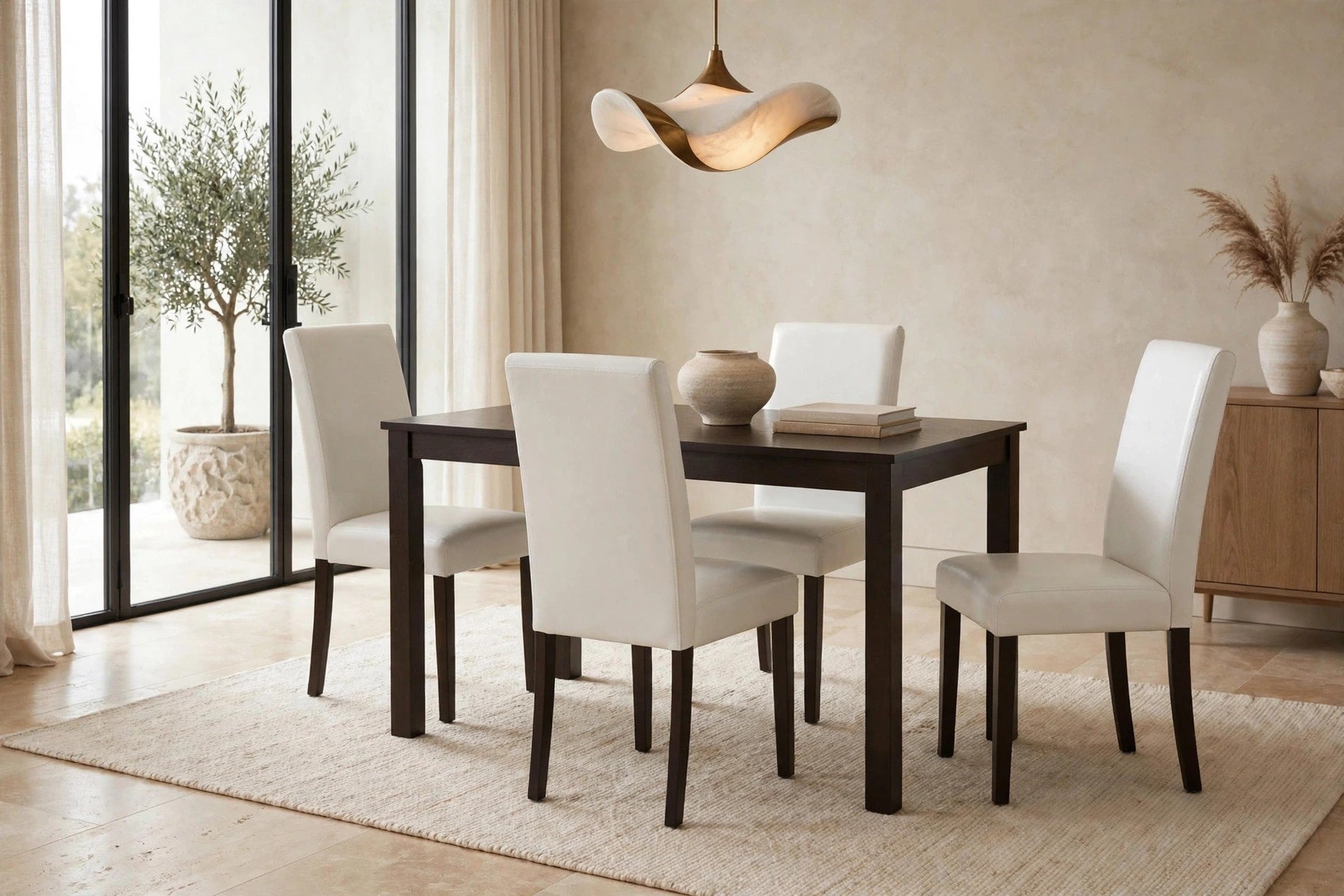 Espresso Dining Table Set with White Faux Leather Chairs
