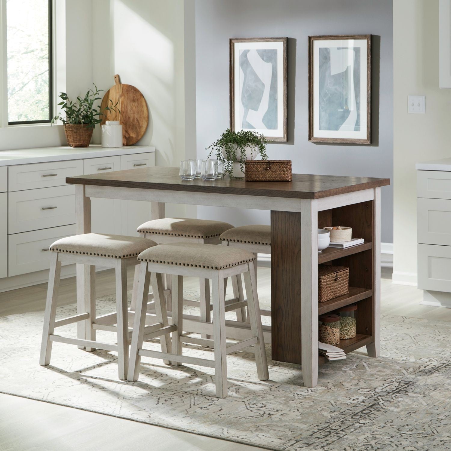 Two-Tone Counter Height Table Set with Shelves and 4 Stools