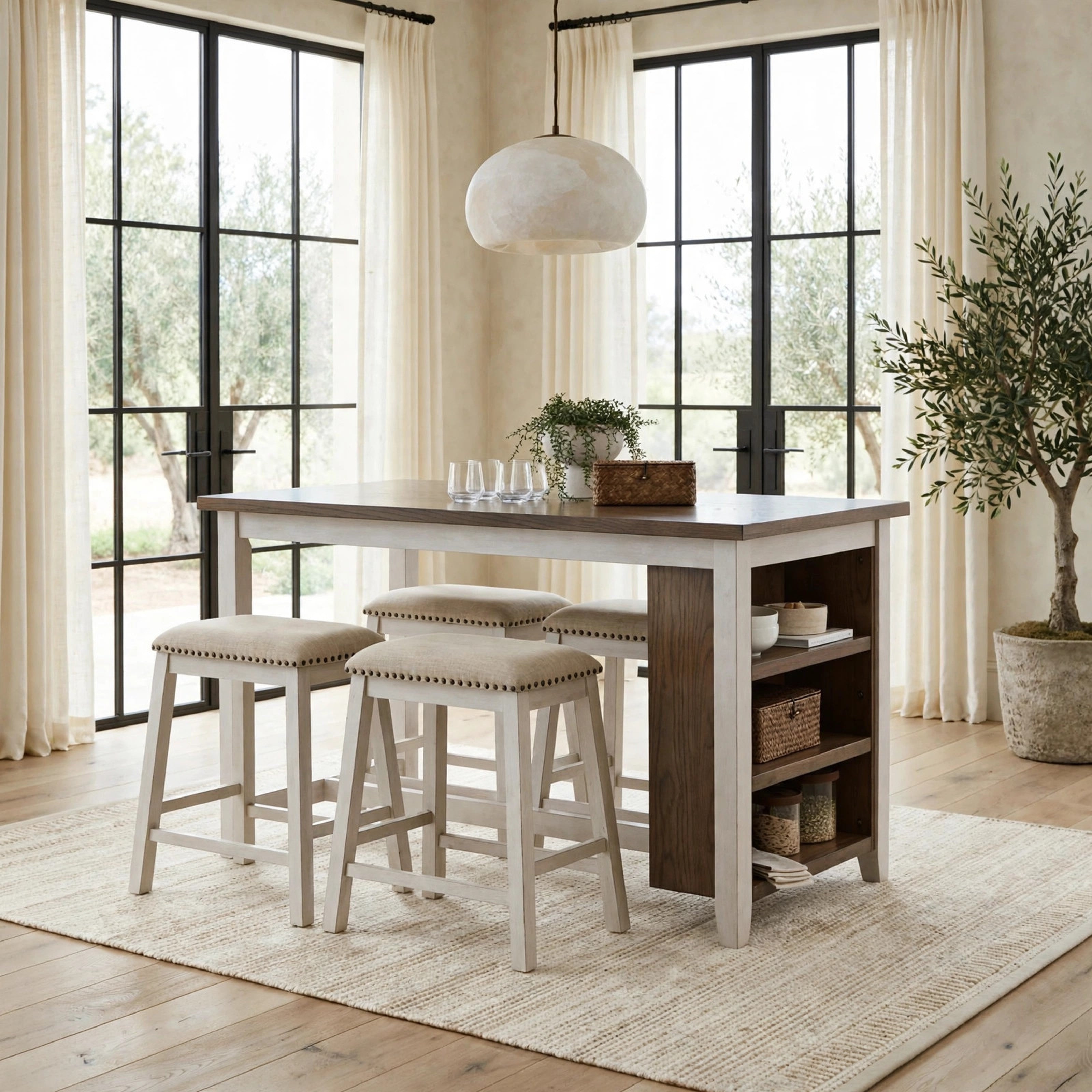 Two-Tone Counter Height Table Set with Shelves and 4 Stools, view 2