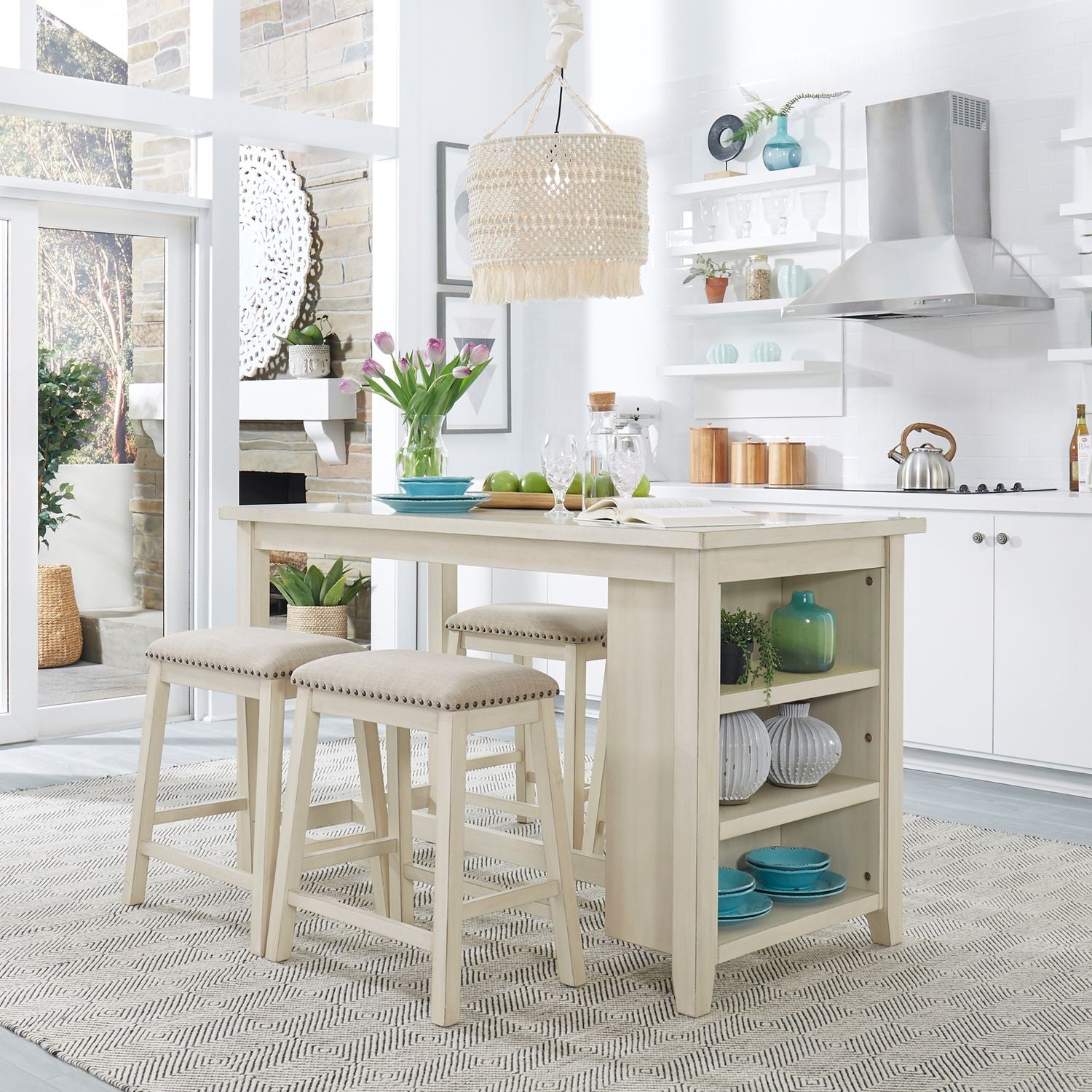 White Counter Height Table Set with Shelves and 4 Stools