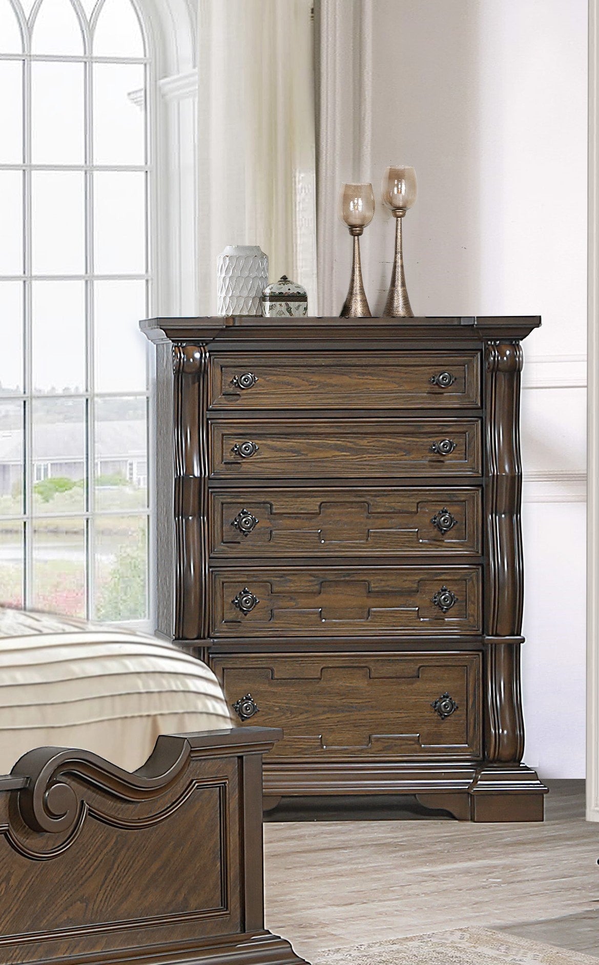 Brown Carved 5-Drawer Chest