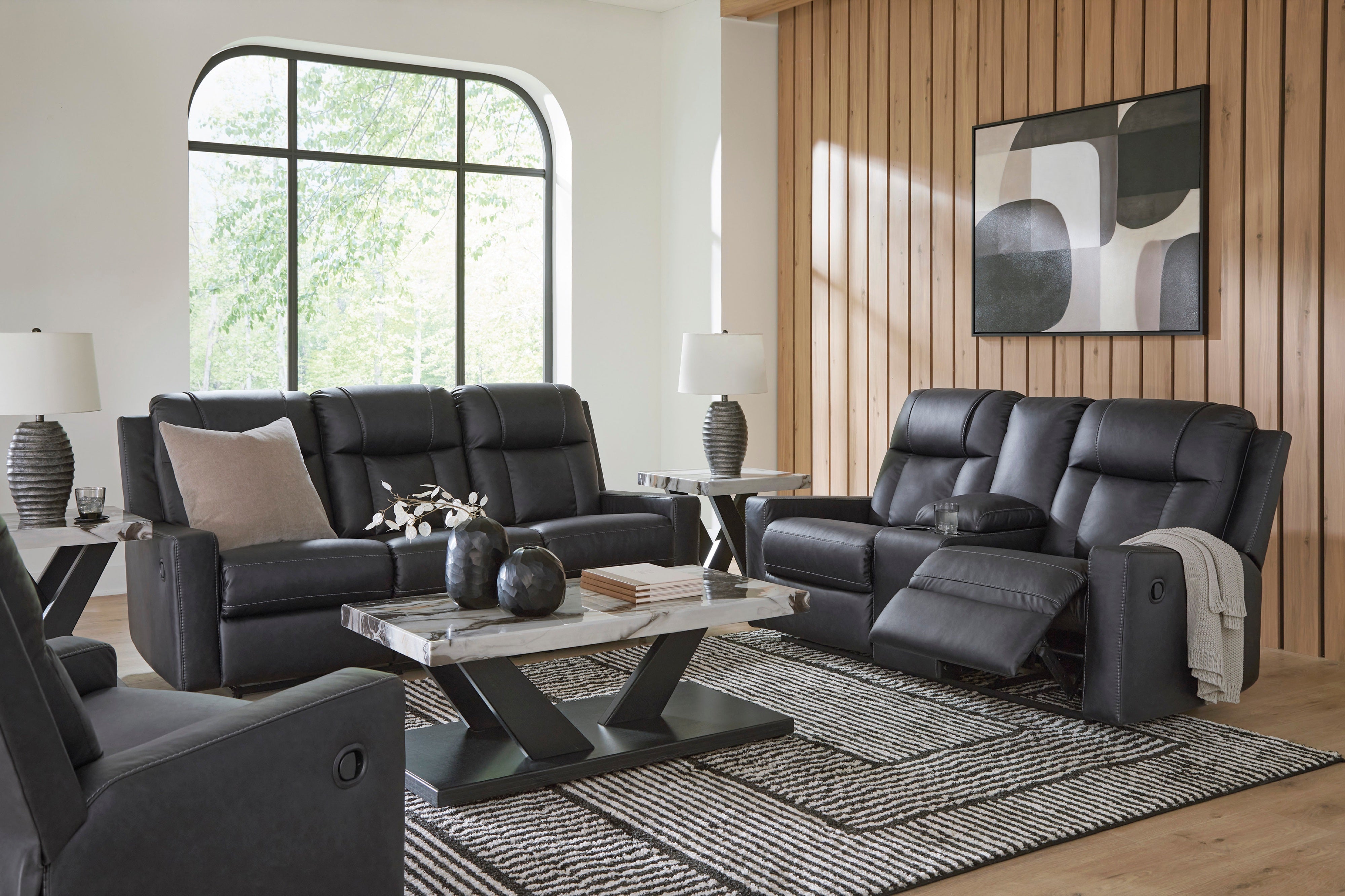 Ashley Carbon Faux Leather Reclining Sofa Set, view 2