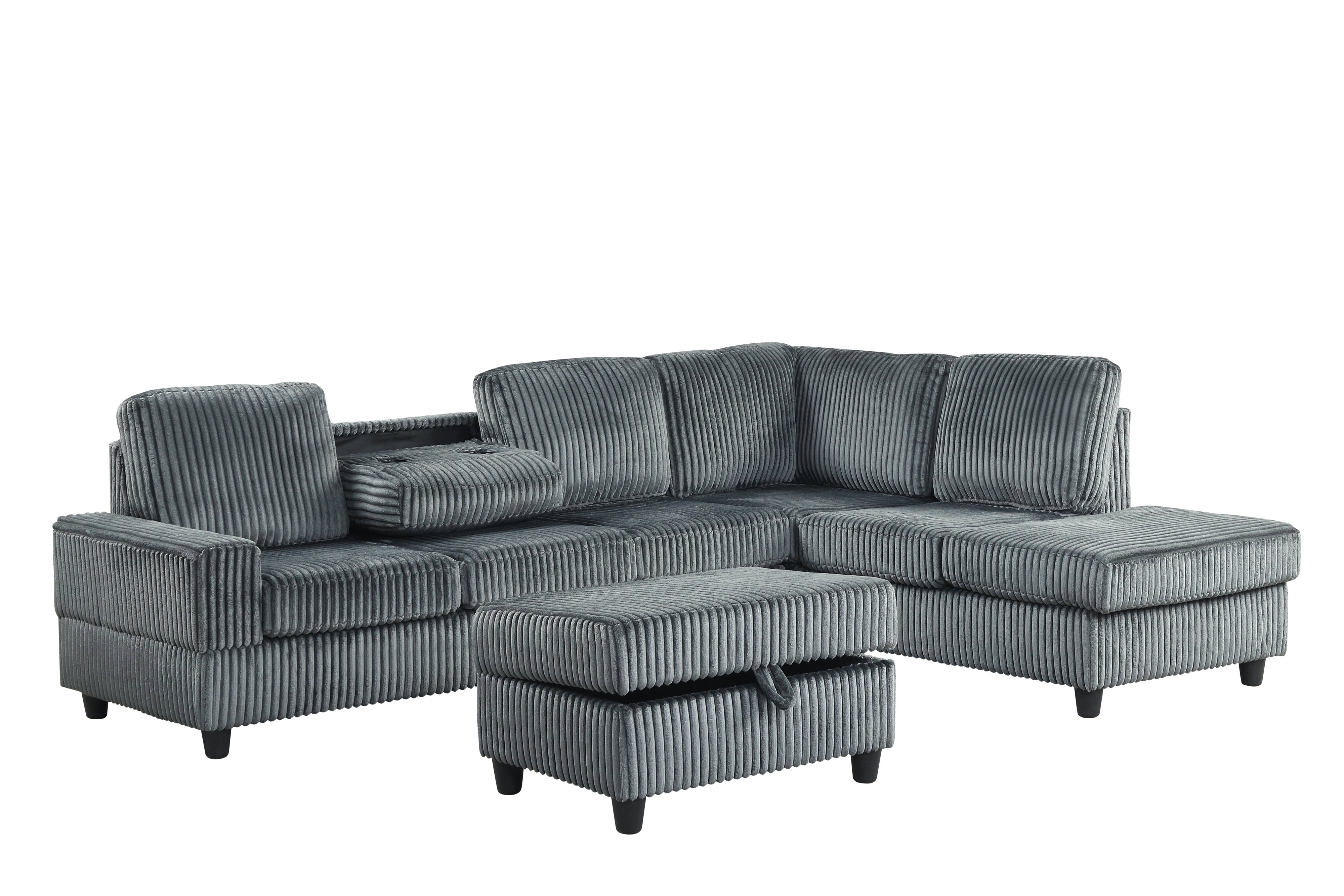 Heights Charcoal Cord Reversible Sectional with Storage Ottoman