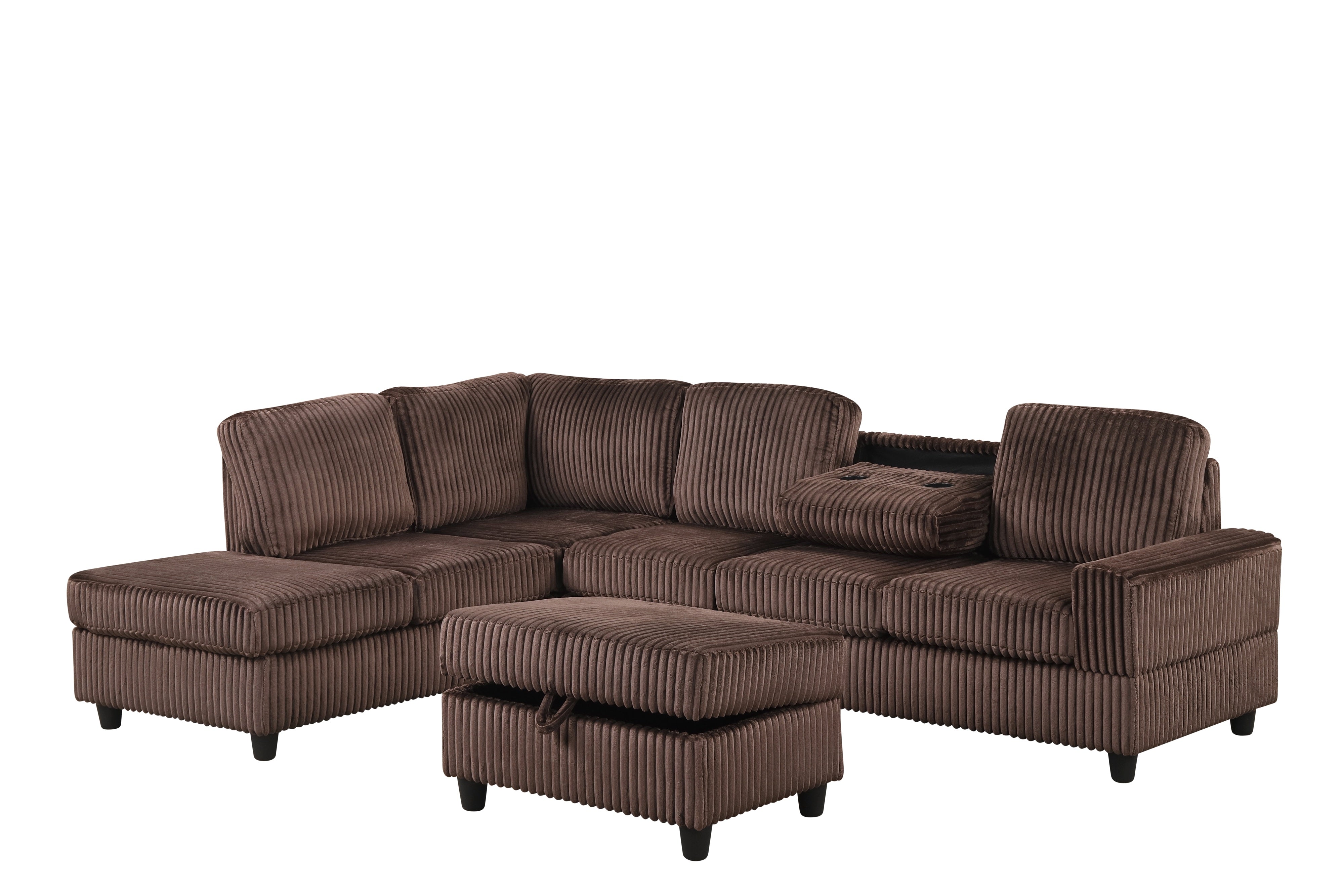 Heights Chocolate Cord Reversible Sectional with Storage Ottoman