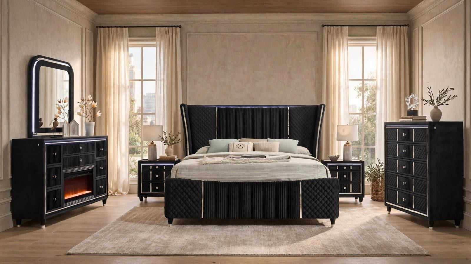 Cleopatra Black Bedroom Set with Fireplace Dresser