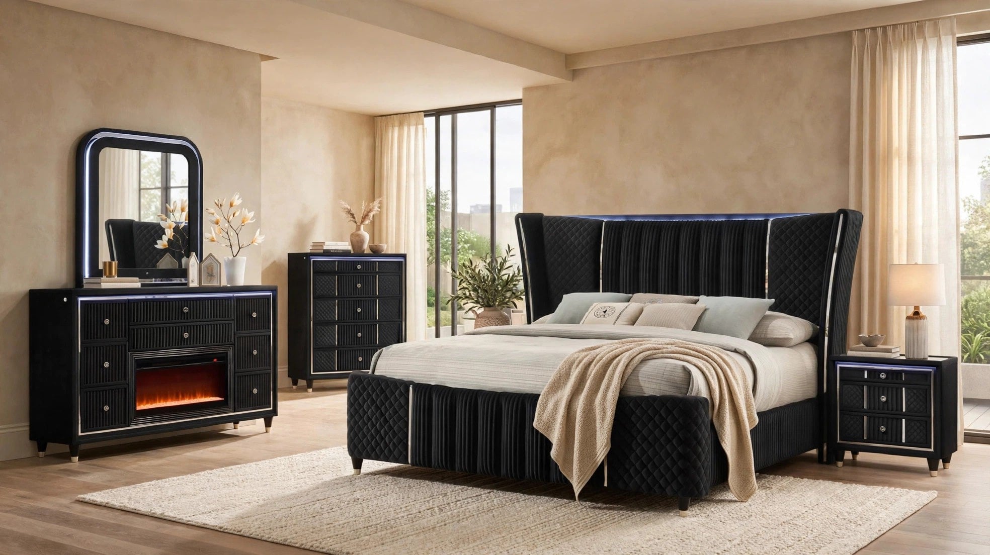 Cleopatra Black Bedroom Set with Fireplace Dresser, view 2