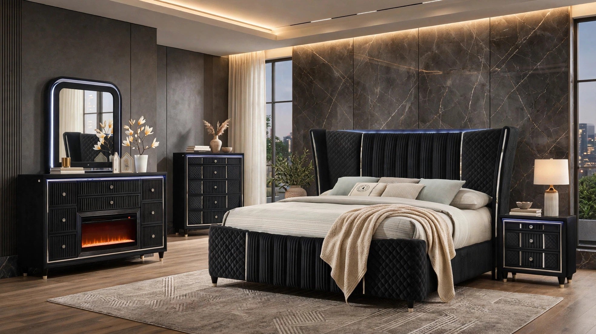 Cleopatra Black Bedroom Set with Fireplace Dresser, view 3
