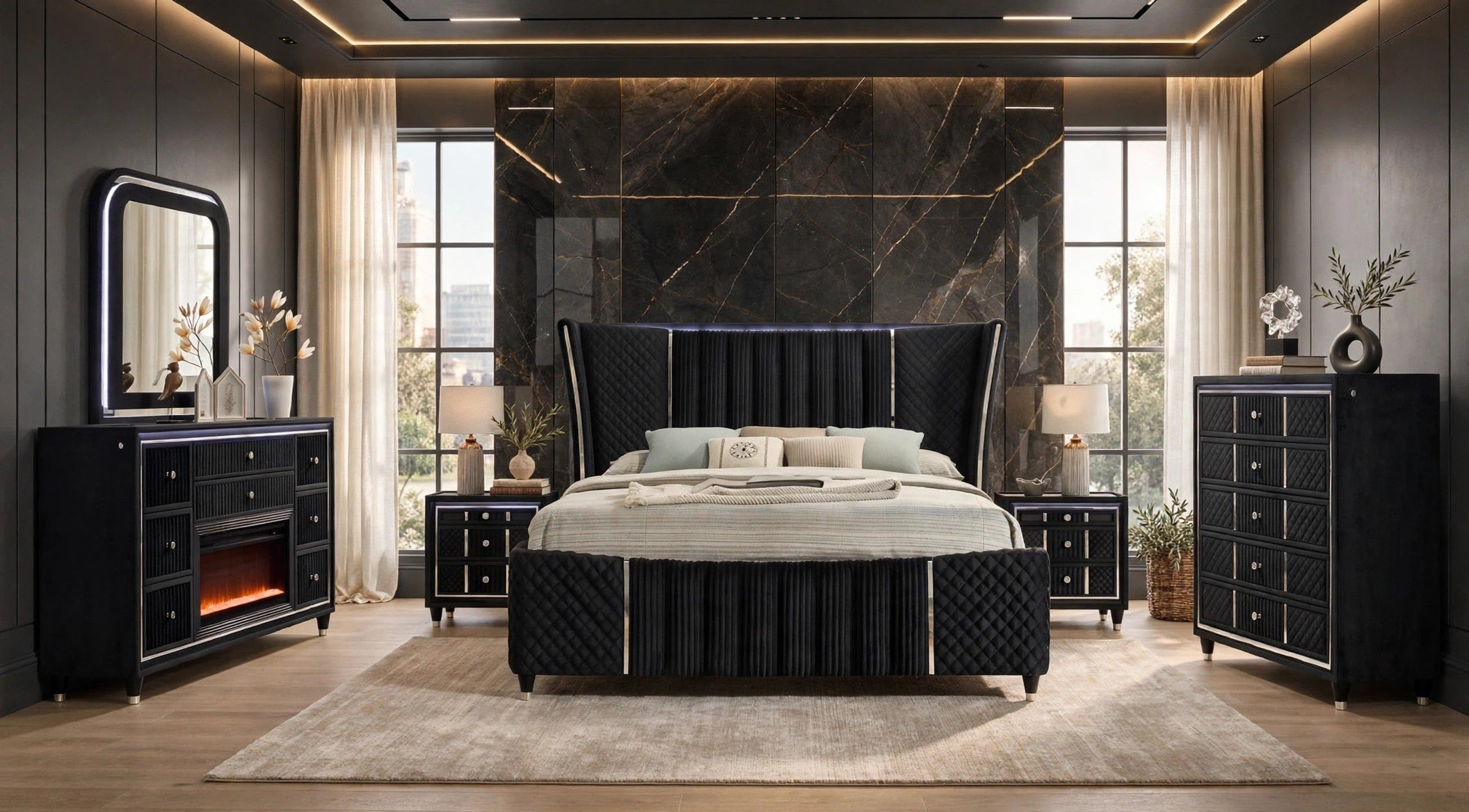 Cleopatra Black Bedroom Set with Fireplace Dresser, view 4