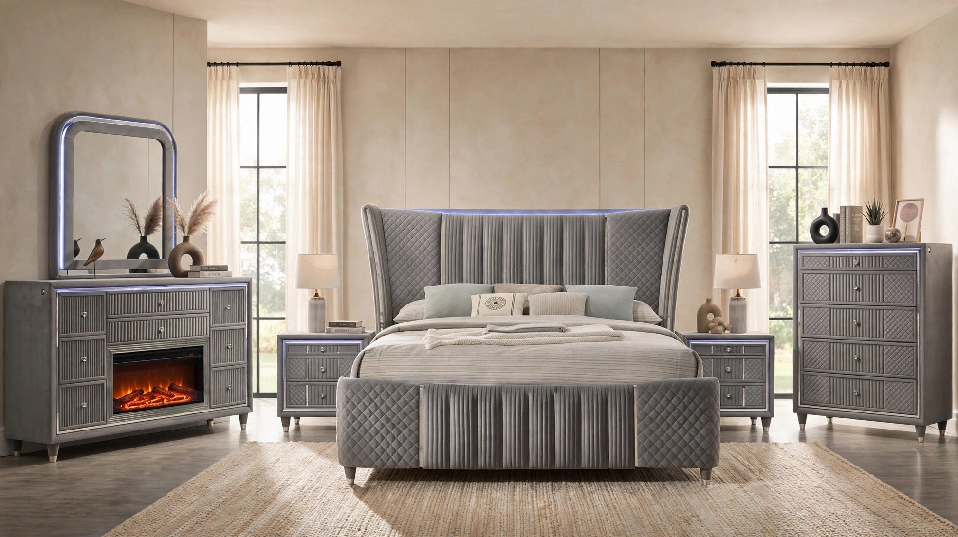 Cleopatra Gray Bedroom Set with Fireplace Dresser