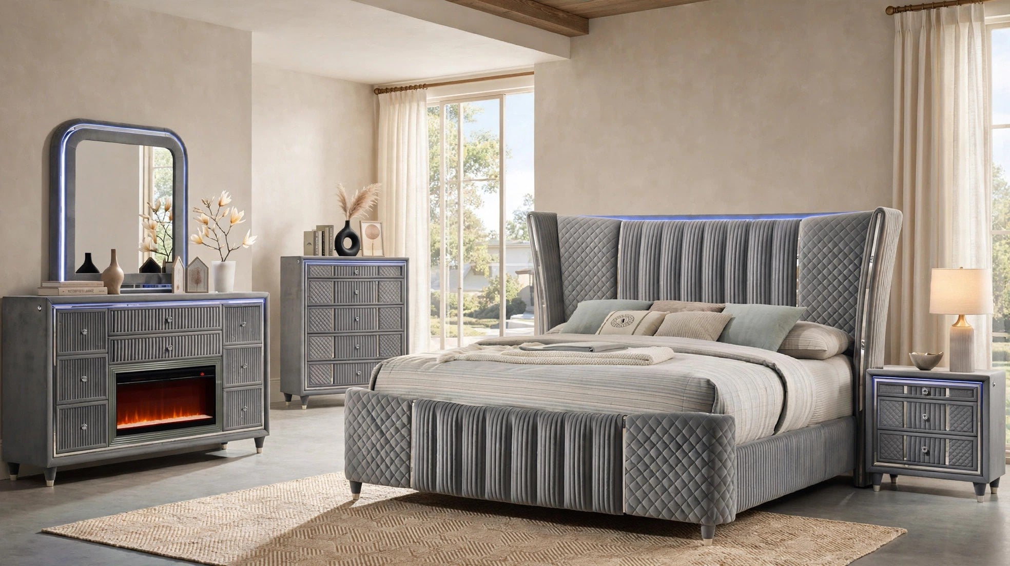Cleopatra Gray Bedroom Set with Fireplace Dresser, view 2